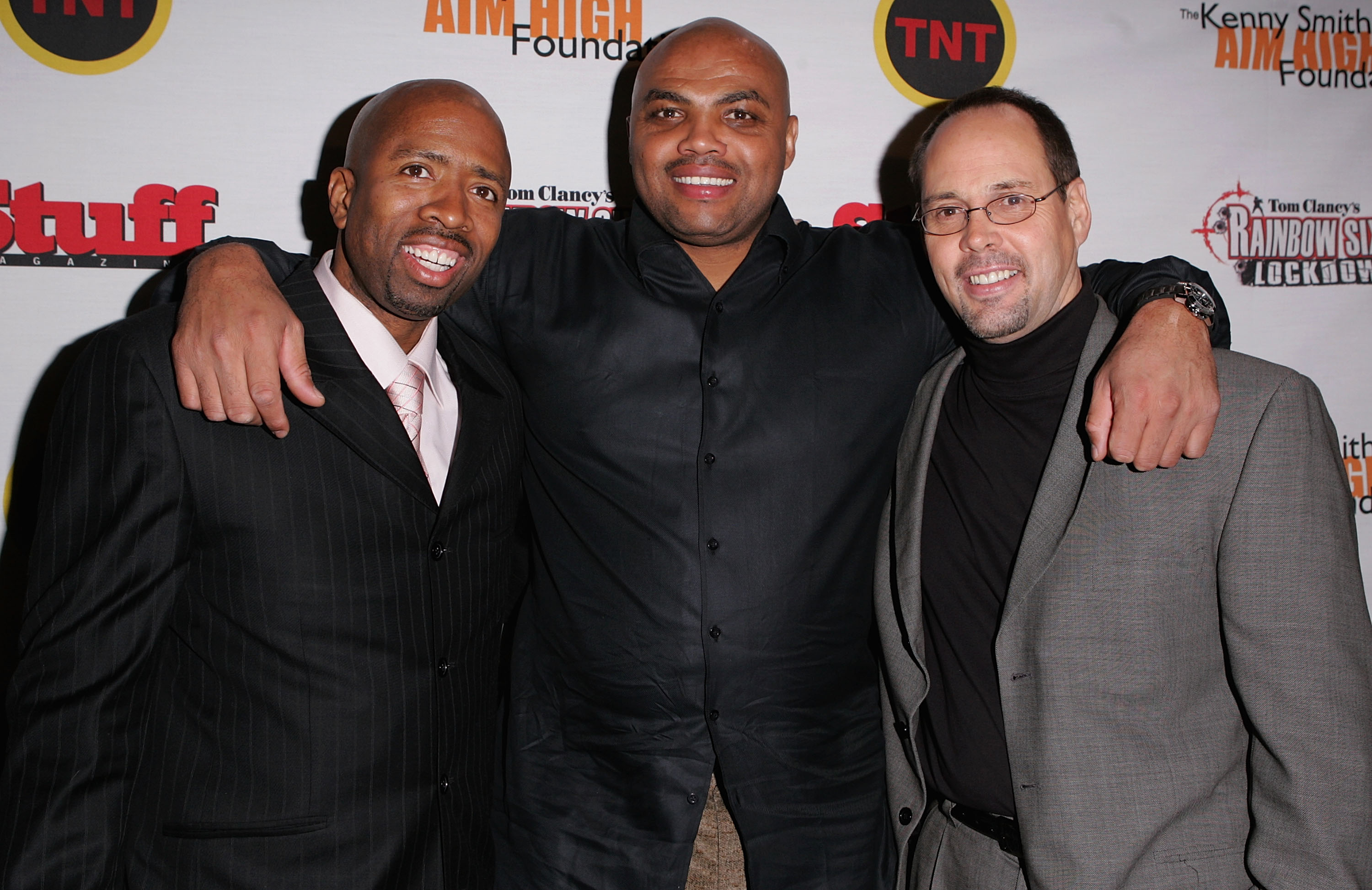 DENVER - FEBRUARY 18: Kenny Smith, Charles Barkley and guest arrive at Kenny Smith's 2005 All-Star Party on February 18, 2005 in Denver, Colorado. (Photo By Mark Mainz/Getty Images)