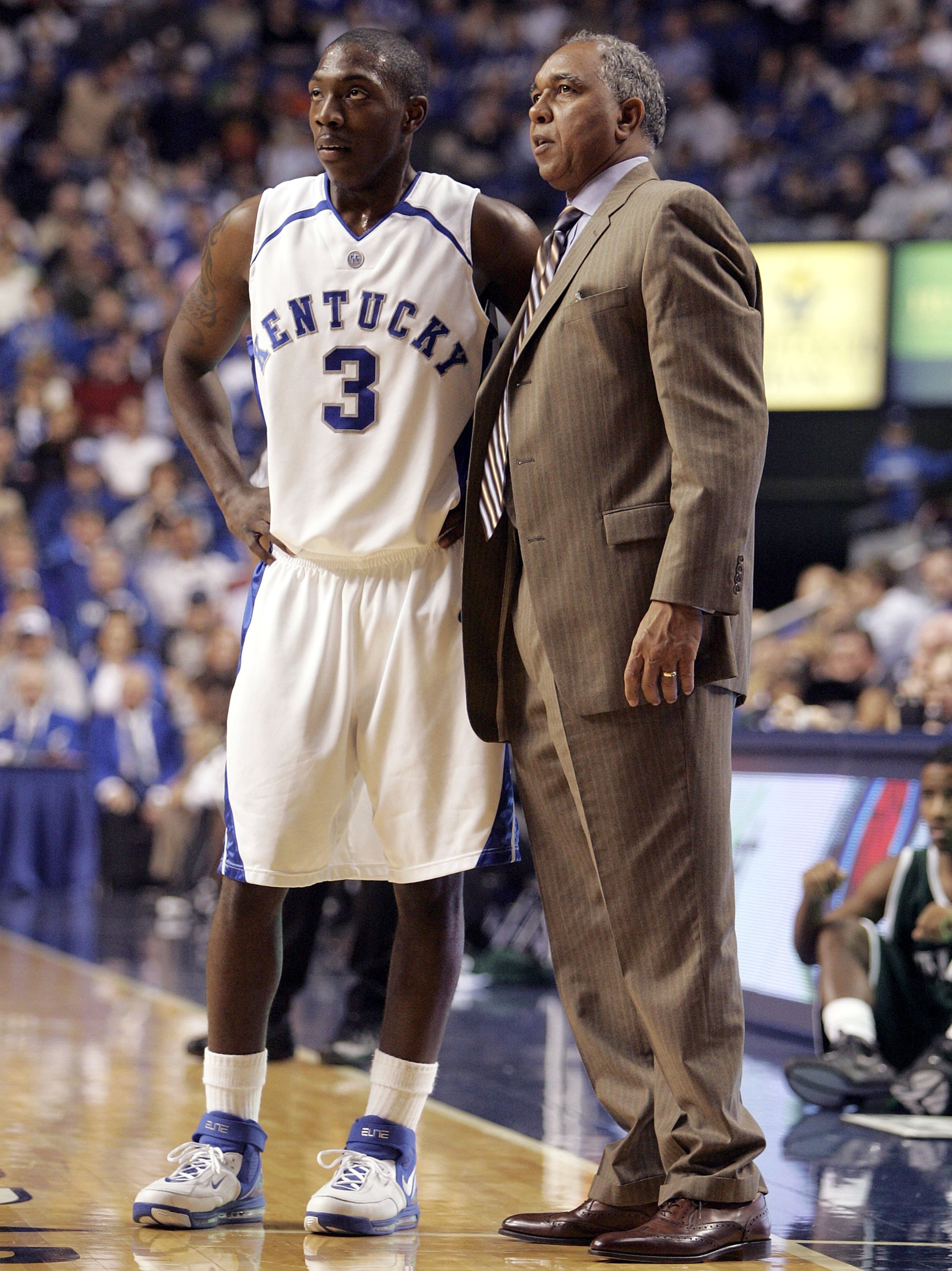 LEXINGTON, KY - NOVEMBER 17:  Tubby Smith the Head Coach of the Kentucky Wildcats talks with Ramel Bradley #3 during the game against the Mississippi Valley State Devils on November 17, 2006 at Rupp Arena in Lexington, Kentucky. Kentucky won 79-56. (Photo