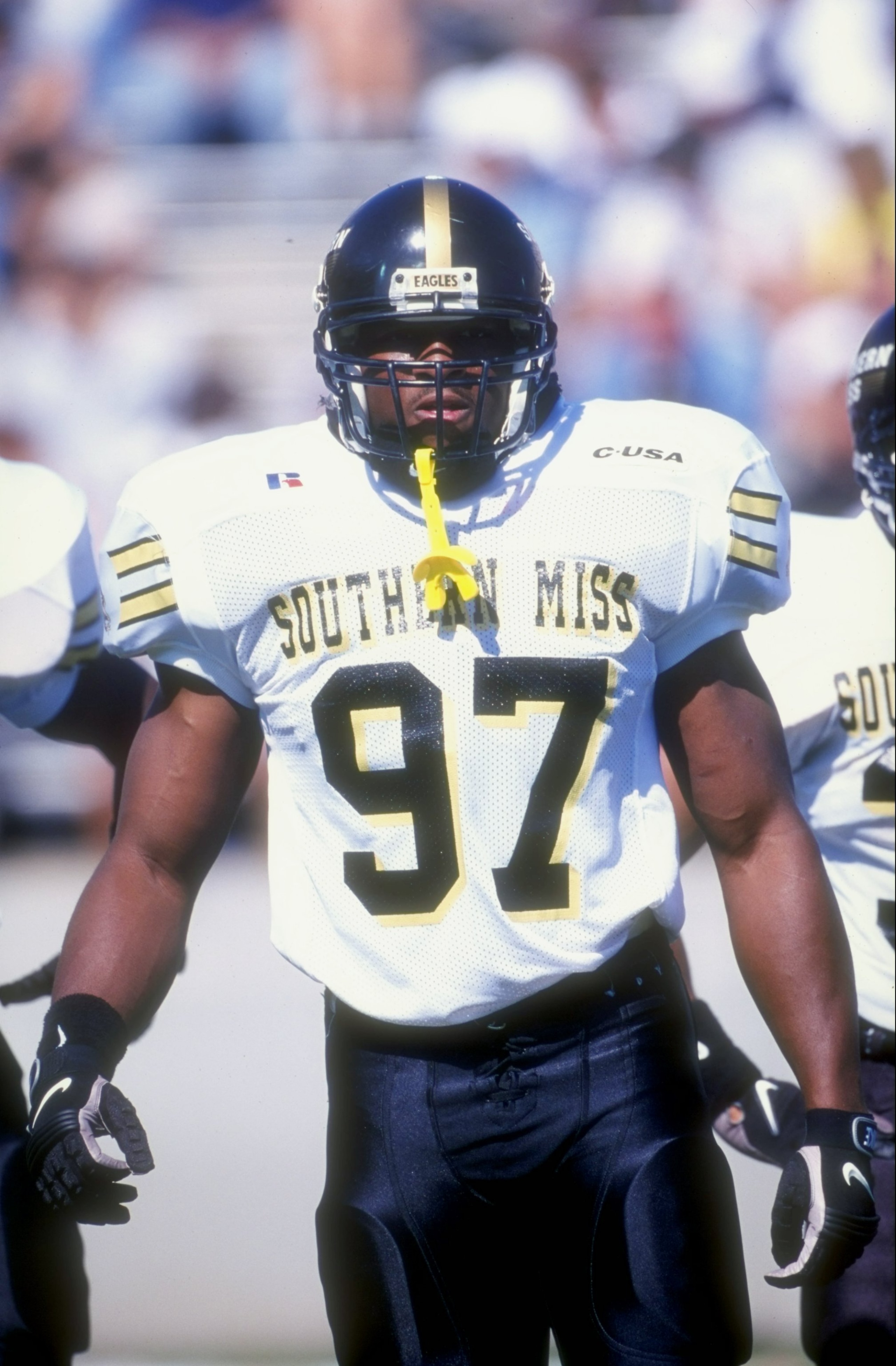 5 Sep 1998:  Defensive end Adalius Thomas #97 of the Southern Mississippi State Golden Eagles looks on during a game against the Penn State Nittany Lions at the Beaver Stadium in University Park, Pennsylvania. The Nittany Lions defeated the Golden Eagles
