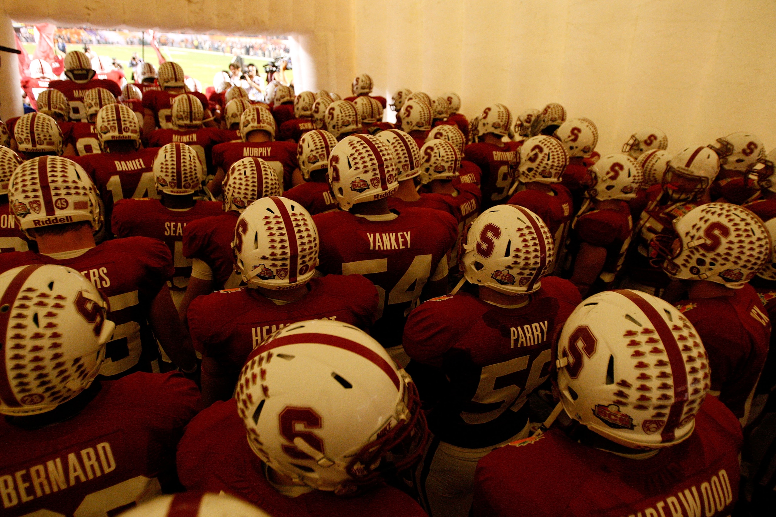 MIAMI, FL - JANUARY 03:  The Stanford Cardinal stand in the tunnel prior to taking the field to play against the Virginia Tech Hokies during the 2011 Discover Orange Bowl at Sun Life Stadium on January 3, 2011 in Miami, Florida.  (Photo by Streeter Lecka/