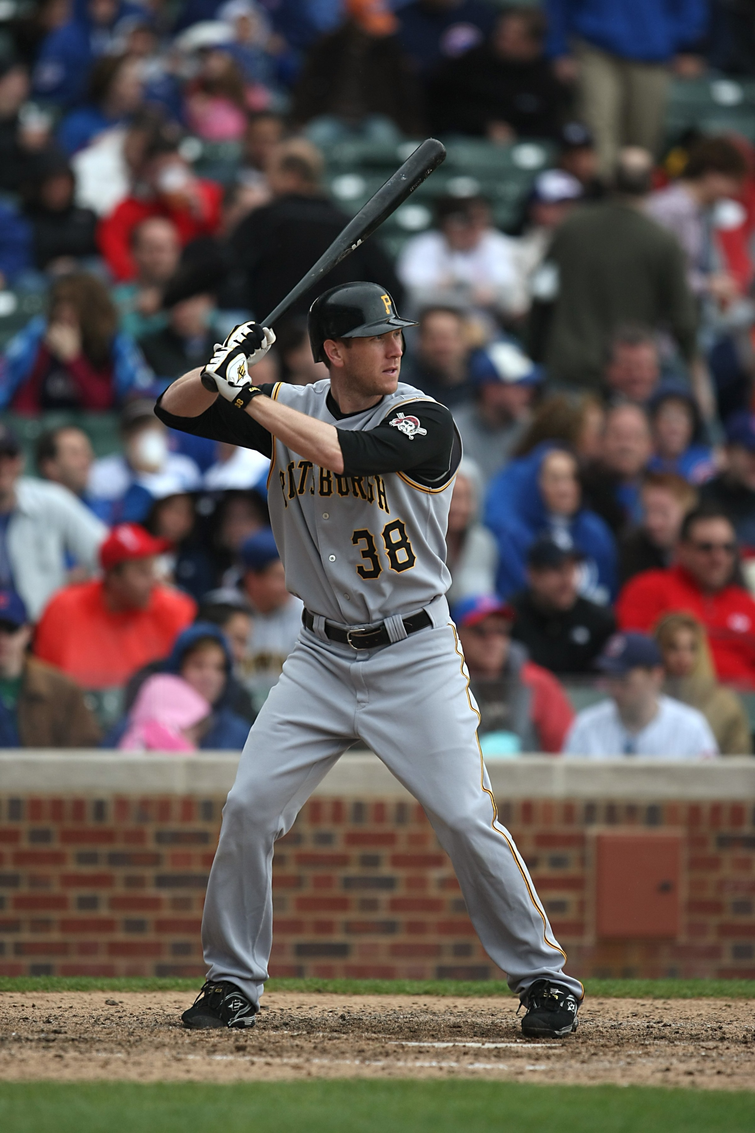 CHICAGO - APRIL 19:  Jason Bay #38 of the Pittsburgh Pirates stands ready at bat during the MLB game against the Chicago Cubs on April 19, 2008 at Wrigley Field in Chicago, Illinois. (Photo by Jonathan Daniel/Getty Images)