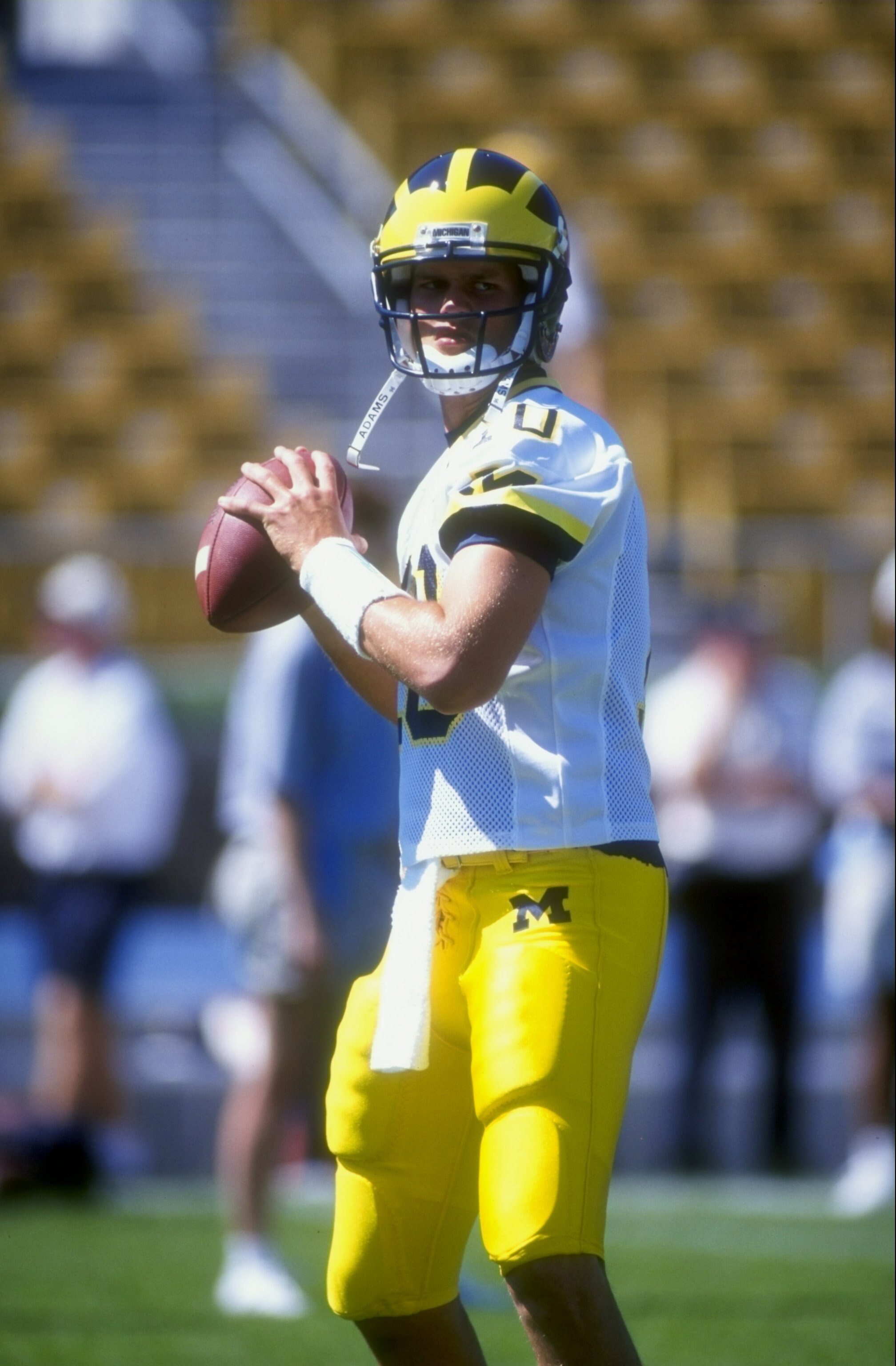 5 Sep 1998:  Quarterback Tom Brady #10 of the Michigan Wolverines in action during a game against the Notre Dame Fighting Irish at the Notre Dame Stadium in South Bend, Indiana. The Fighting Irish defeated the Wolverines 36-20.
