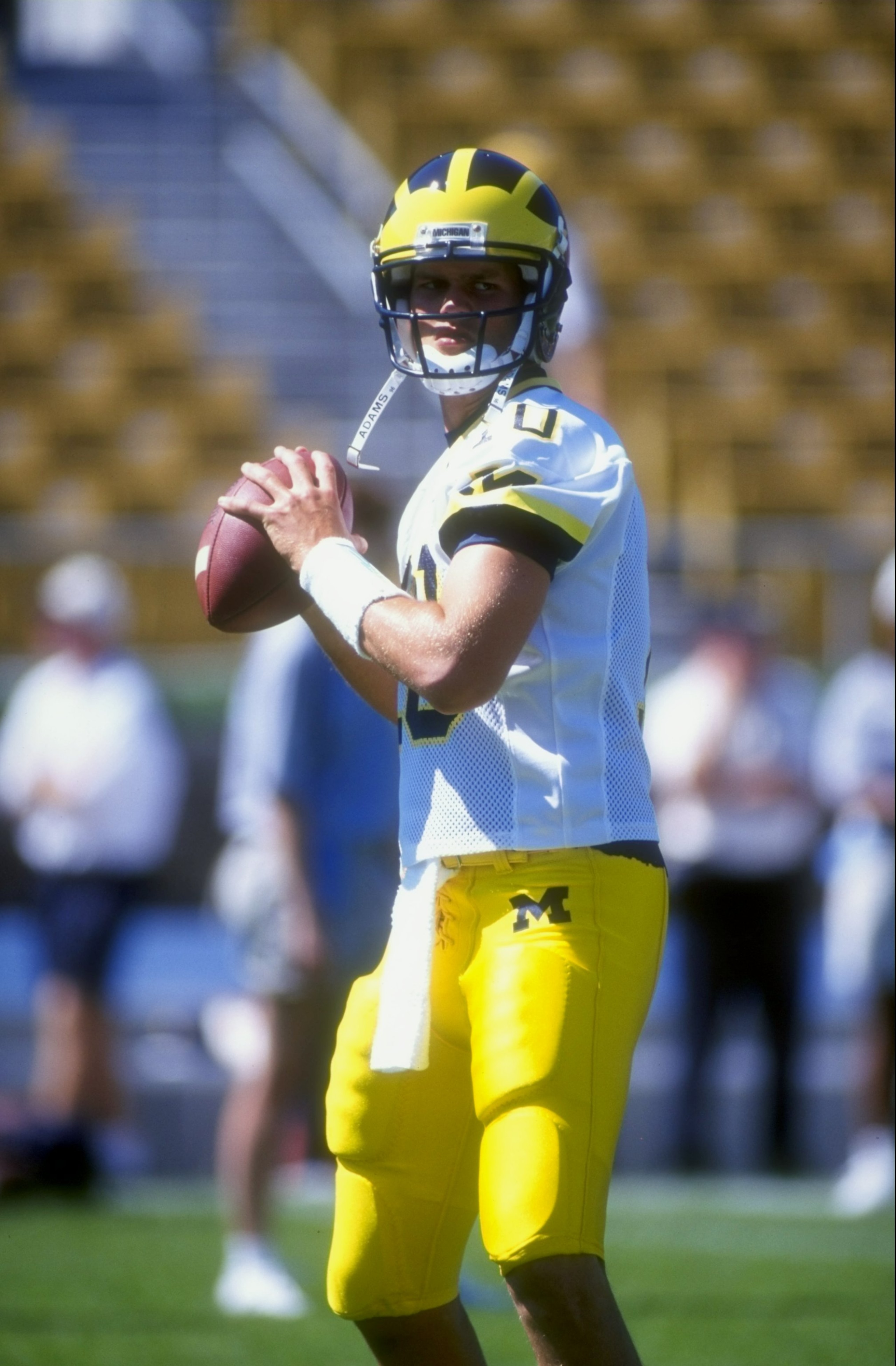 5 Sep 1998:  Quarterback Tom Brady #10 of the Michigan Wolverines in action during a game against the Notre Dame Fighting Irish at the Notre Dame Stadium in South Bend, Indiana. The Fighting Irish defeated the Wolverines 36-20.
