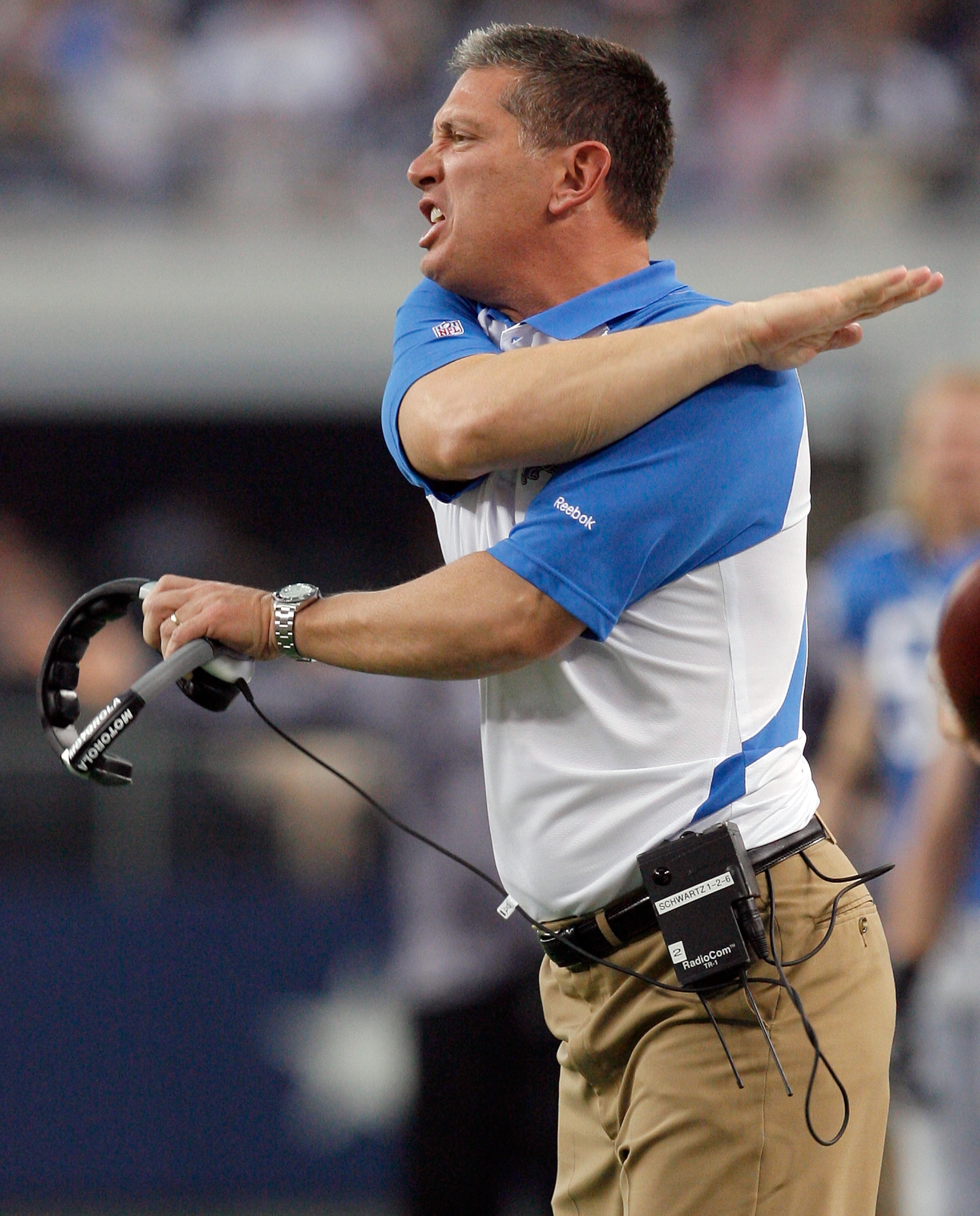 ARLINGTON, TX - NOVEMBER 21:  Head coach Jim Schwartz of the Detroit Lions reacts to a call from the officials while taking on the Dallas Cowboys at Cowboys Stadium on November 21, 2010 in Arlington, Texas.  The Cowboys beat the Lions 35-19.  (Photo by To