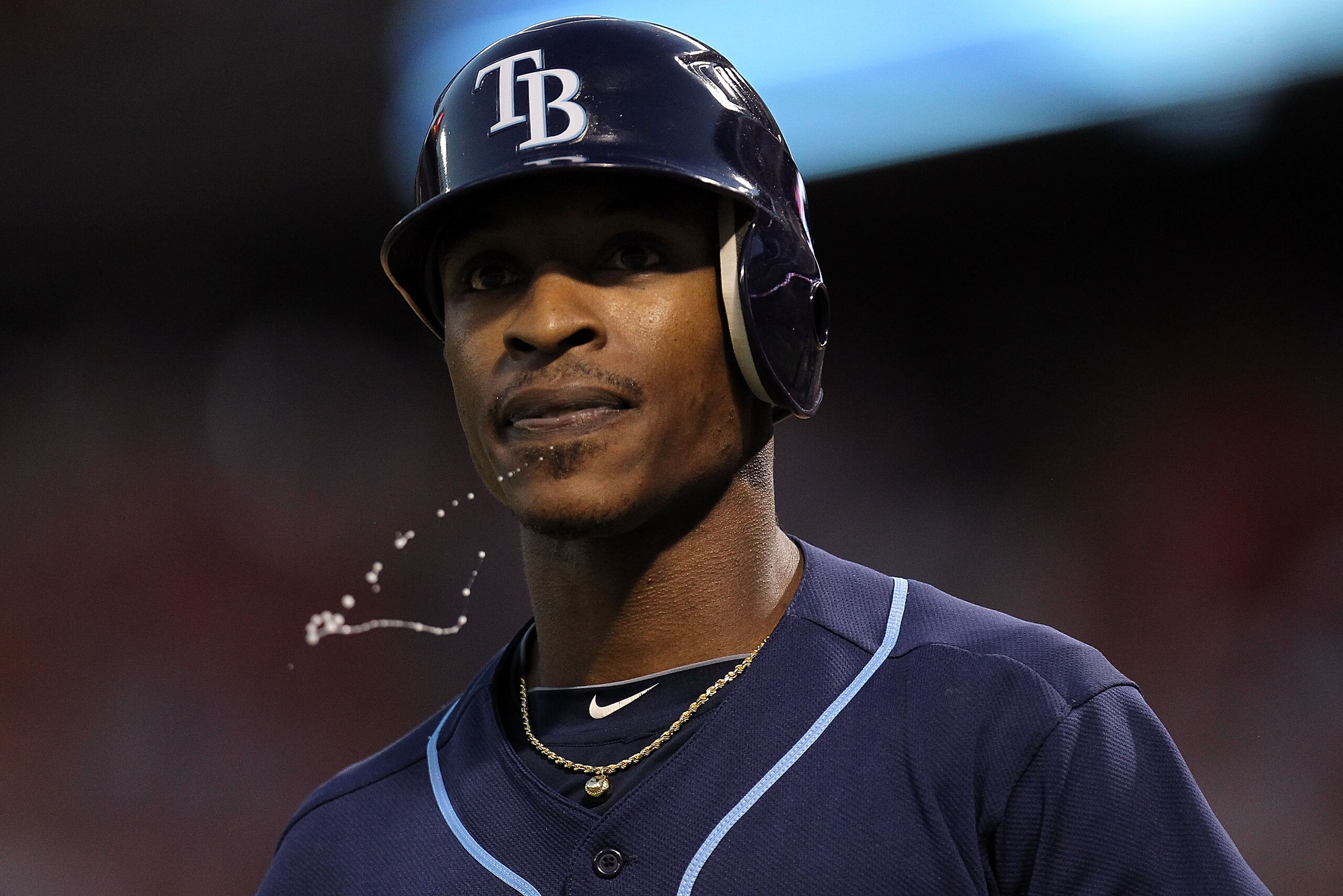 ARLINGTON, TX - OCTOBER 09:  B.J. Upton #2 of the Tampa Bay Rays spits after a strikout against the Texas Rangers during game 3 of the ALDS at Rangers Ballpark in Arlington on October 9, 2010 in Arlington, Texas.  (Photo by Ronald Martinez/Getty Images)