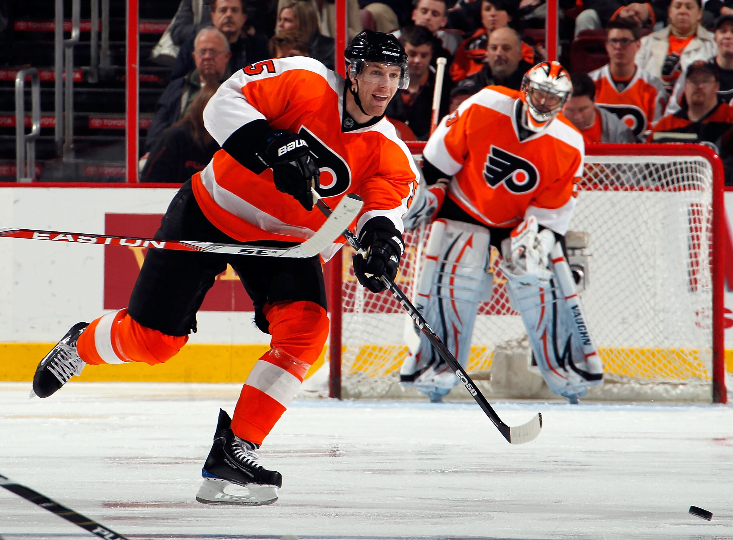 PHILADELPHIA, PA - MARCH 22:  Braydon Coburn #5 of the Philadelphia Flyers clears the puck during an NHL hockey game against the Washington Capitals at the Wells Fargo Center on March 22, 2011 in Philadelphia, Pennsylvania.  (Photo by Paul Bereswill/Getty