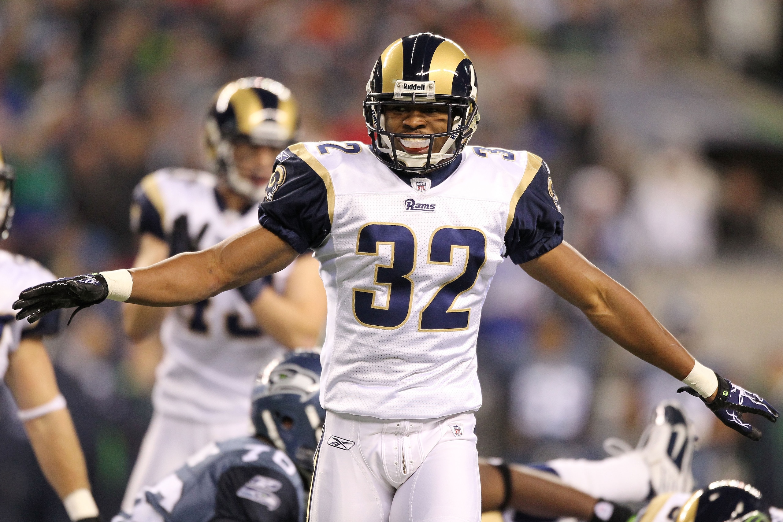 SEATTLE, WA - JANUARY 02:  Bradley Fletcher #32 of the St. Louis Rams reacts after a defensive stop against the Seattle Seahawks during their game at Qwest Field on January 2, 2011 in Seattle, Washington.  (Photo by Otto Greule Jr/Getty Images)