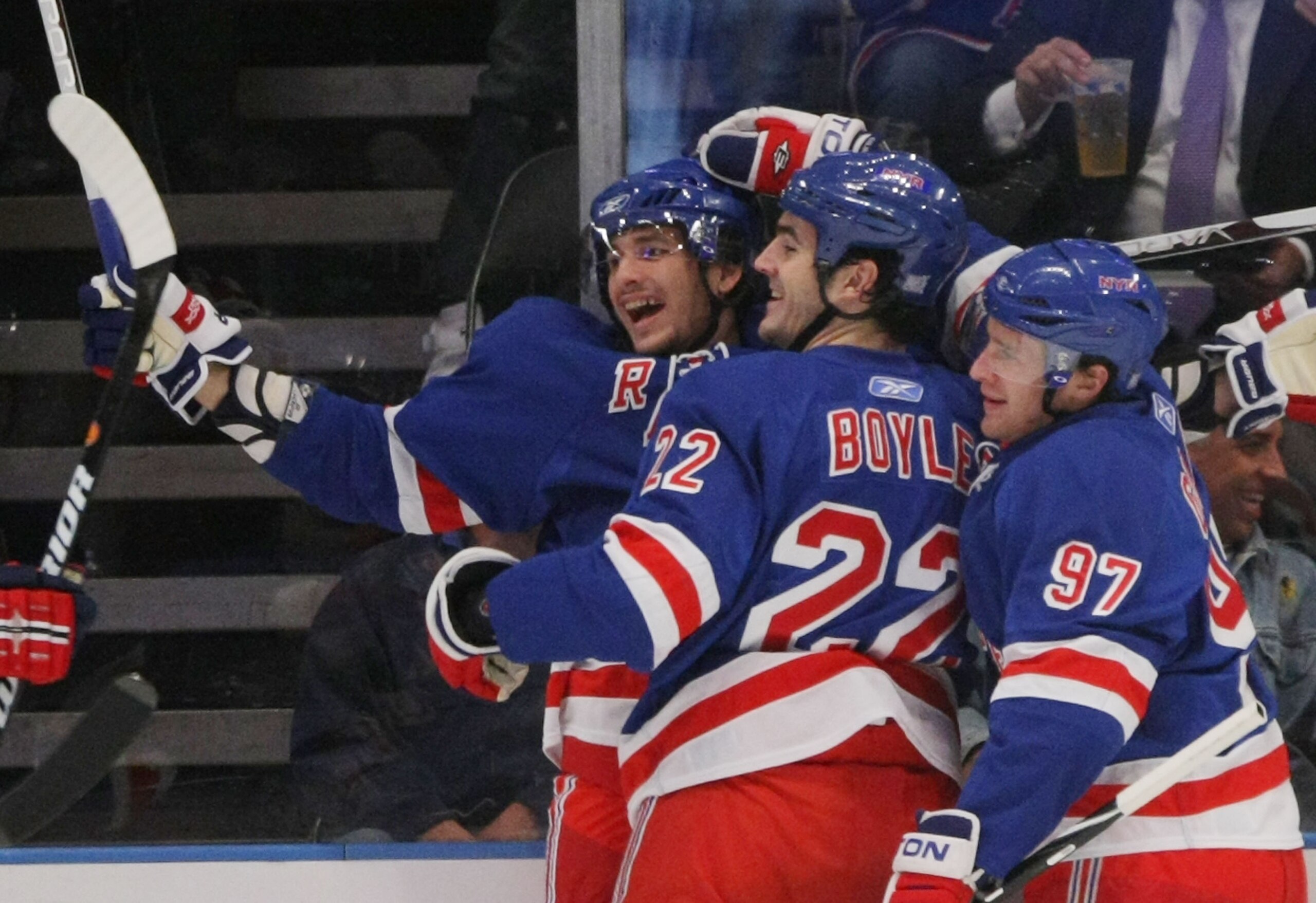 NEW YORK - OCTOBER 26: (L-R) Artem Anisimov, Brian Boyle #22 and Matt Gilroy #97 of the New York Rangers celebrate Anisimov's first period goal against of the Phoenix Coyotes on October 26, 2009 in New York City. (Photo by Bruce Bennett/Getty Images)