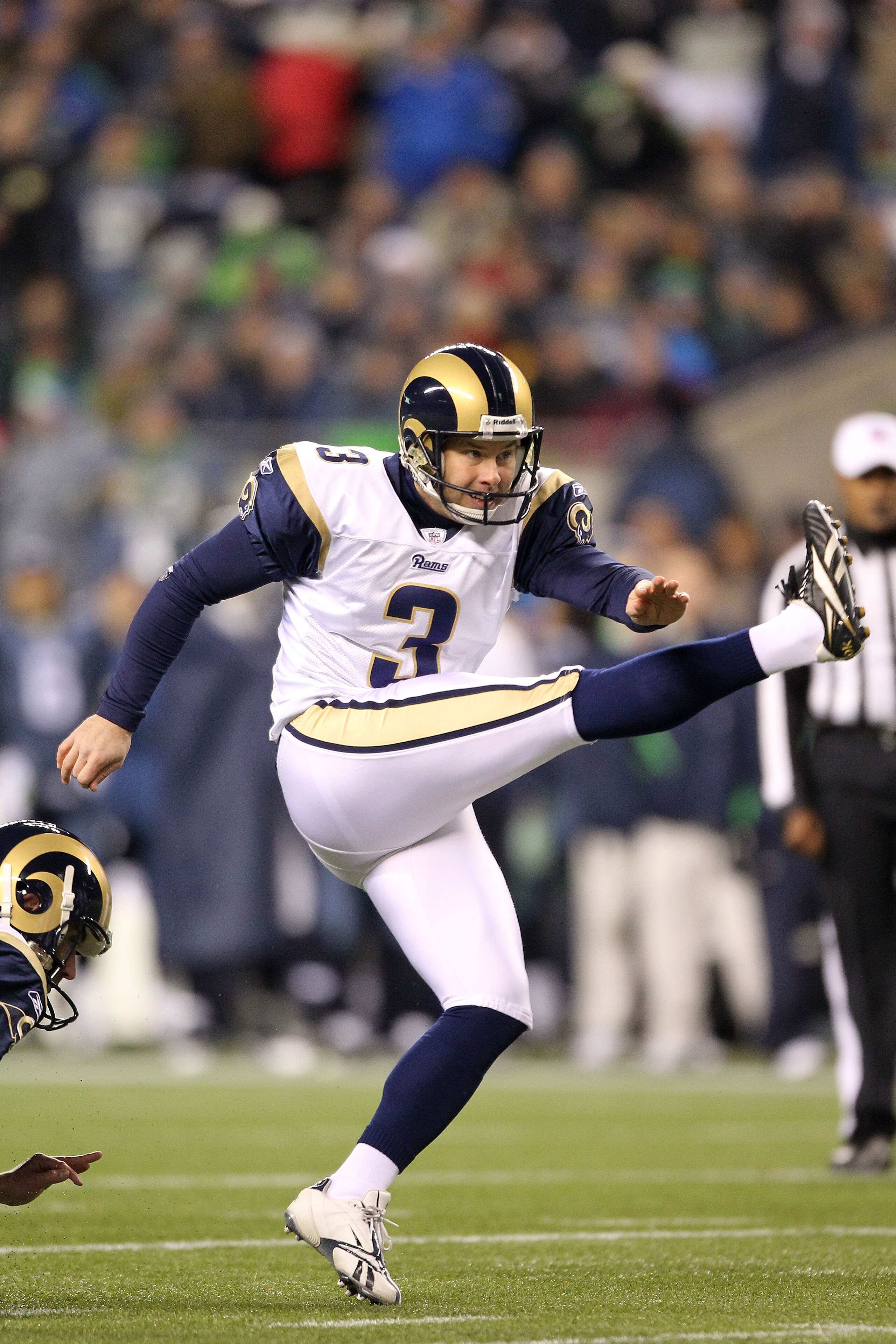 SEATTLE, WA - JANUARY 02:  Kicker Josh Brown #3 of the St. Louis Rams kicks a field goal against the Seattle Seahawks during their game at Qwest Field on January 2, 2011 in Seattle, Washington.  (Photo by Otto Greule Jr/Getty Images)