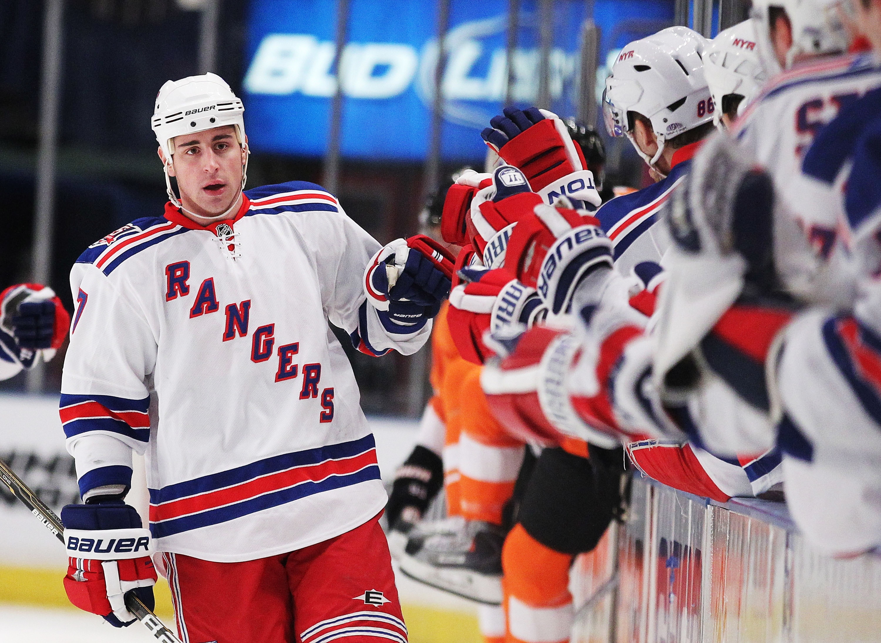 NEW YORK - MARCH 06: Brandon Dubinsky #17 of the New York Rangers celebrates an assist against the Philadelphia Flyers during their game on March 6, 2011 at Madison Square Garden in New York City, New York. (Photo by Al Bello/Getty Images) NEW YORK - MARCH 06: Brandon Dubinsky #17 of the New York Rangers celebrates an assist against the Philadelphia Flyers during their game on March 6, 2011 at Madison Square Garden in New York City, New York. (Photo by Al Bello/Getty Images)