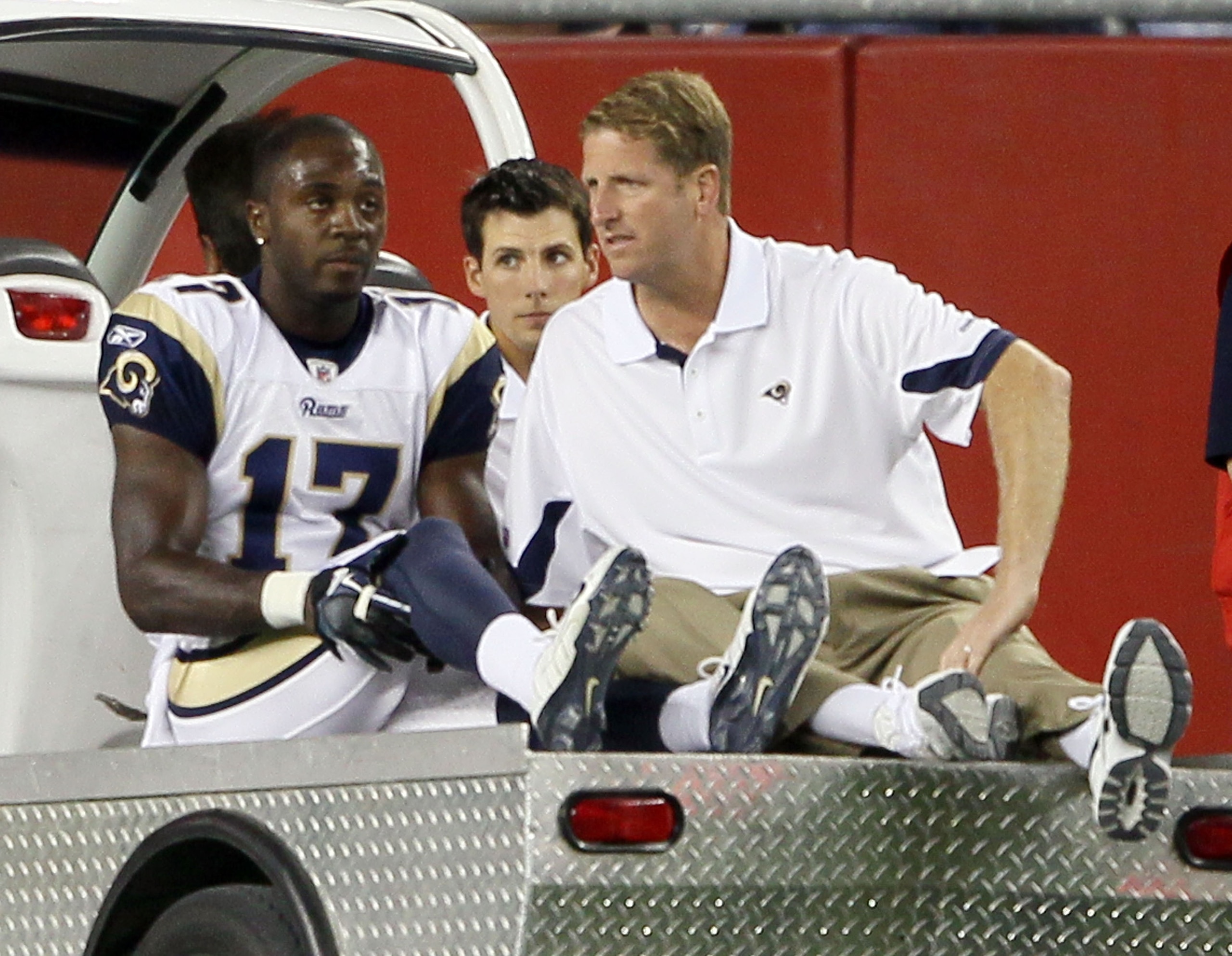 FOXBORO, MA - AUGUST 26:  Donnie Avery #17 of the St. Louis Rams is carted off the field in the second quarter against the New England Patriots on August 26, 2010 at Gillette Stadium in Foxboro, Massachusetts.  (Photo by Elsa/Getty Images)