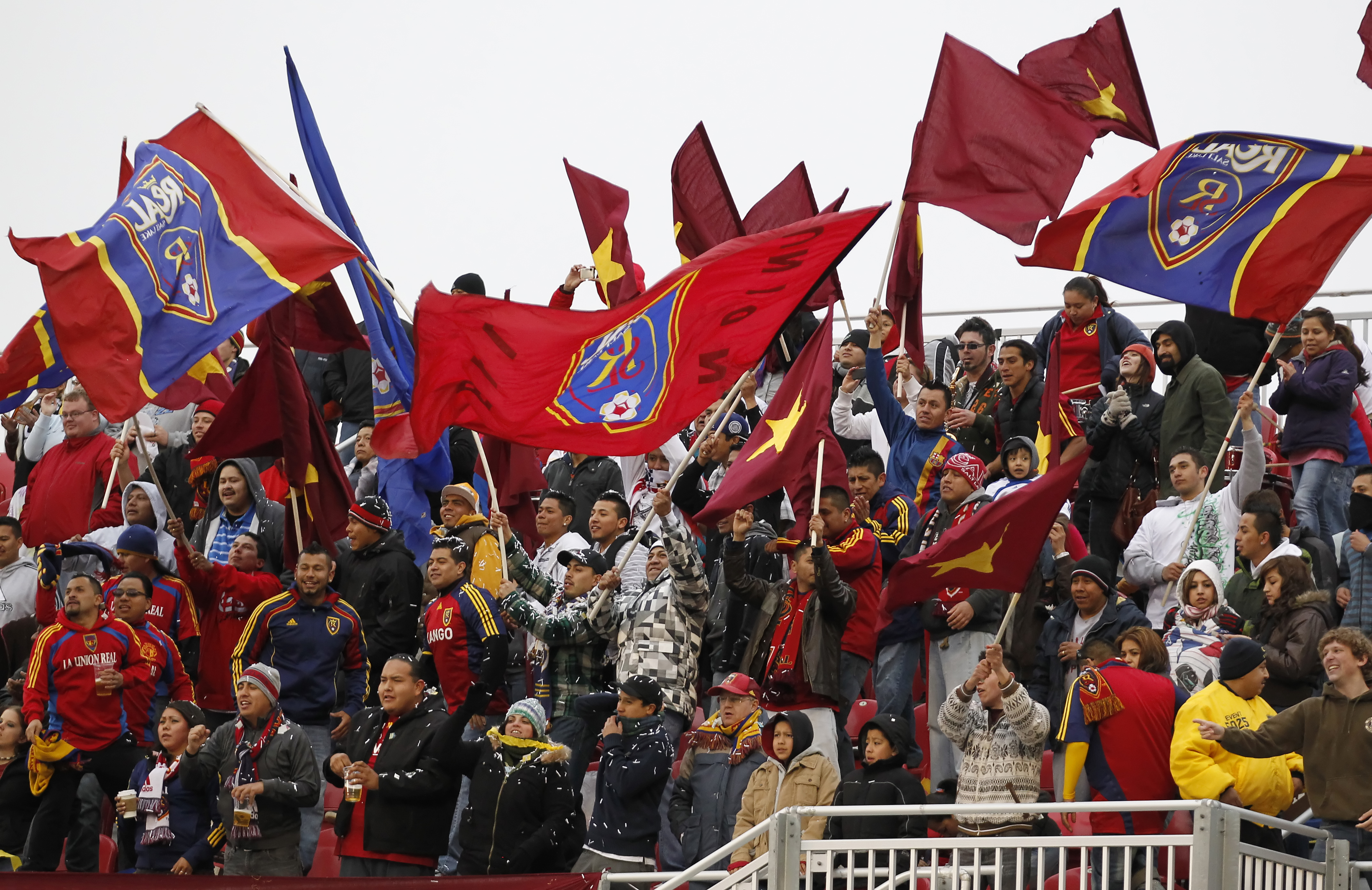SANDY, UT - MARCH 26: Fans of Real Salt Lake cheer during a game against the Los Angeles Galaxy during the first half of an MLS soccer game March 26, 2011 at Rio Tinto Stadium in Sandy, Utah. (Photo by George Frey/Getty Images)