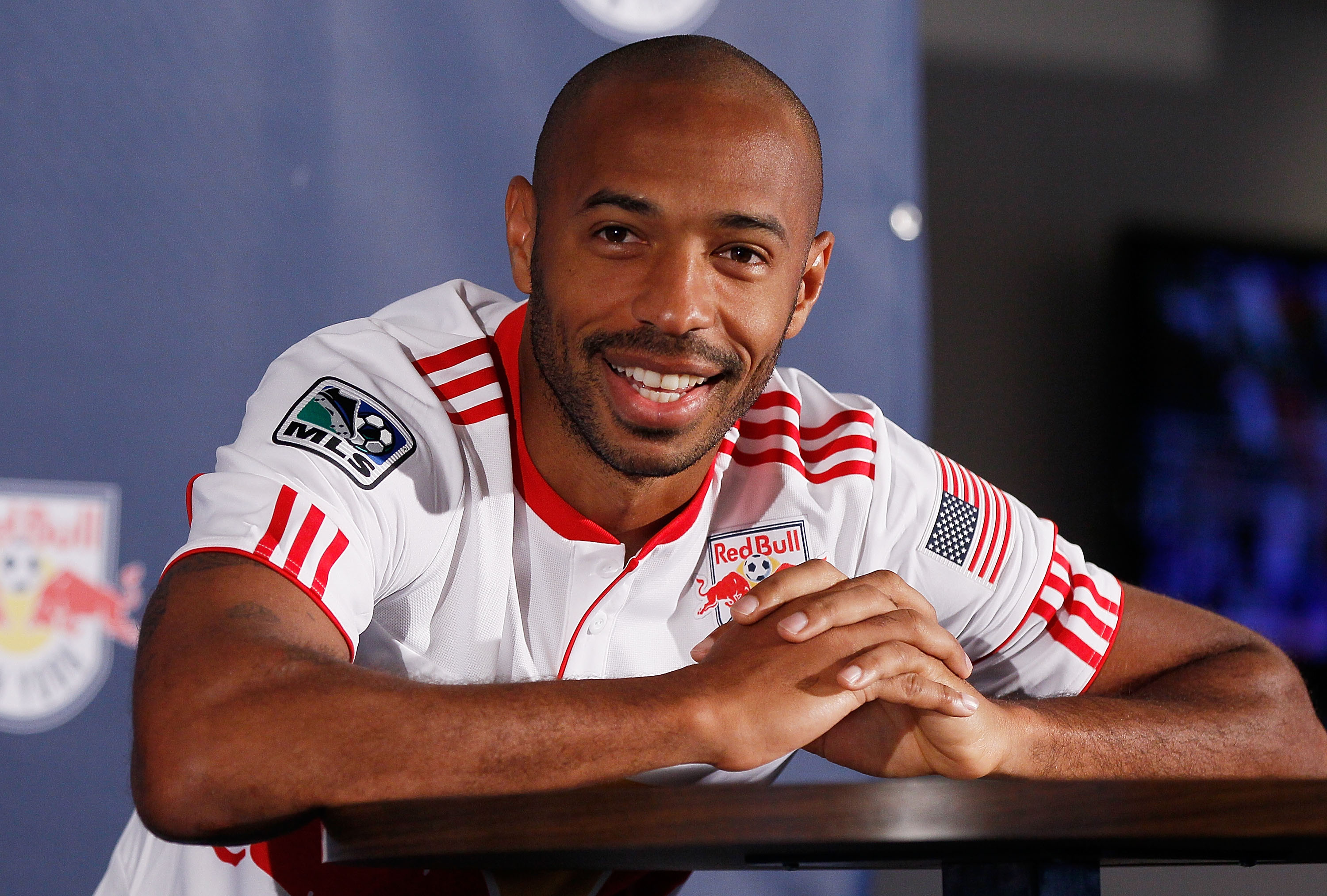 HARRISON, NJ - MARCH 15:  Thierry Henry #14 of the New York Red Bulls speaks to the media on March 15, 2010 at Red Bull Arena in Harrison, New Jersey.  (Photo by Mike Stobe/Getty Images for New York Red Bulls)