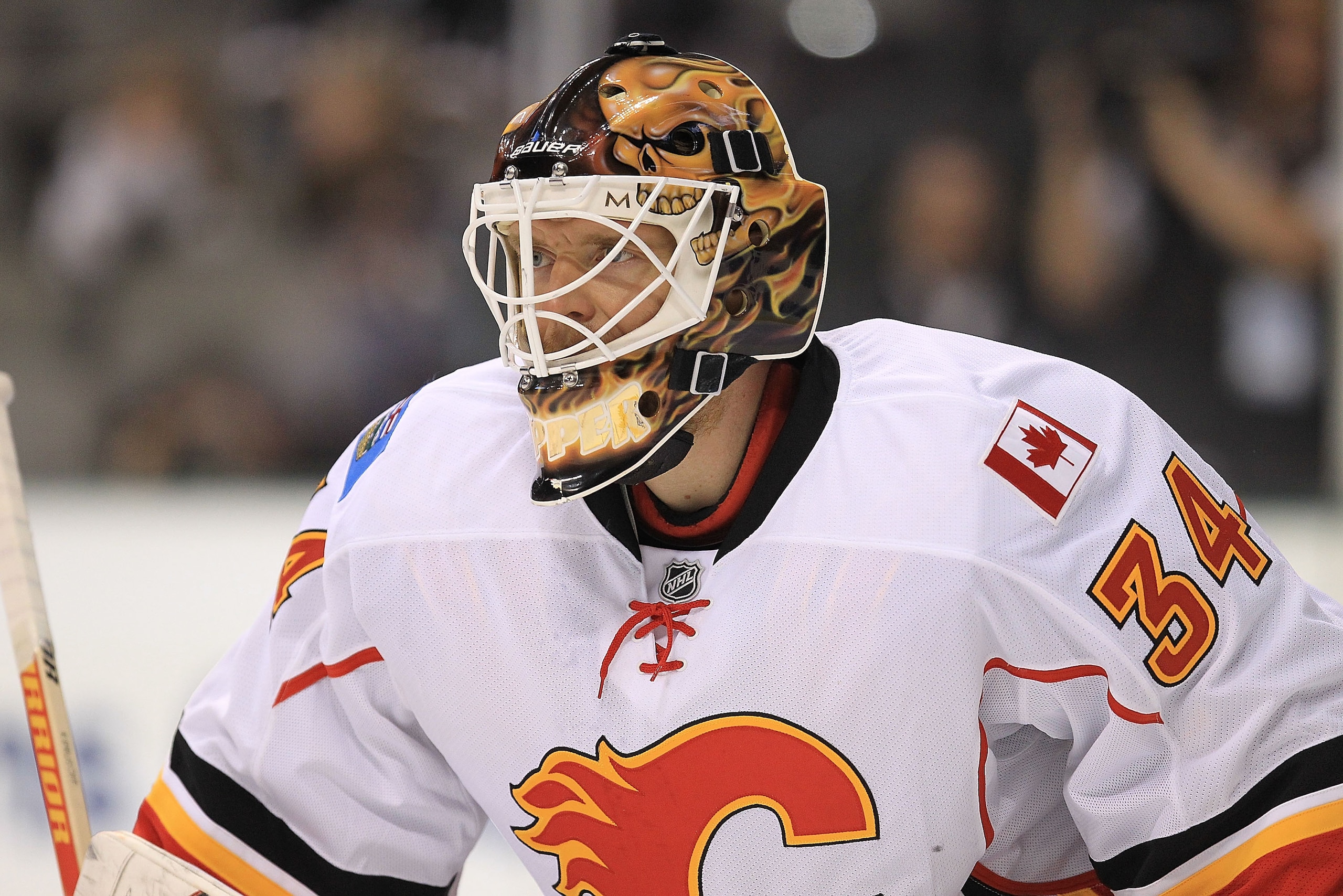 DALLAS, TX - MARCH 09:  Goaltender Miikka Kiprusoff #34 of the Calgary Flames at American Airlines Center on March 9, 2011 in Dallas, Texas.  (Photo by Ronald Martinez/Getty Images)