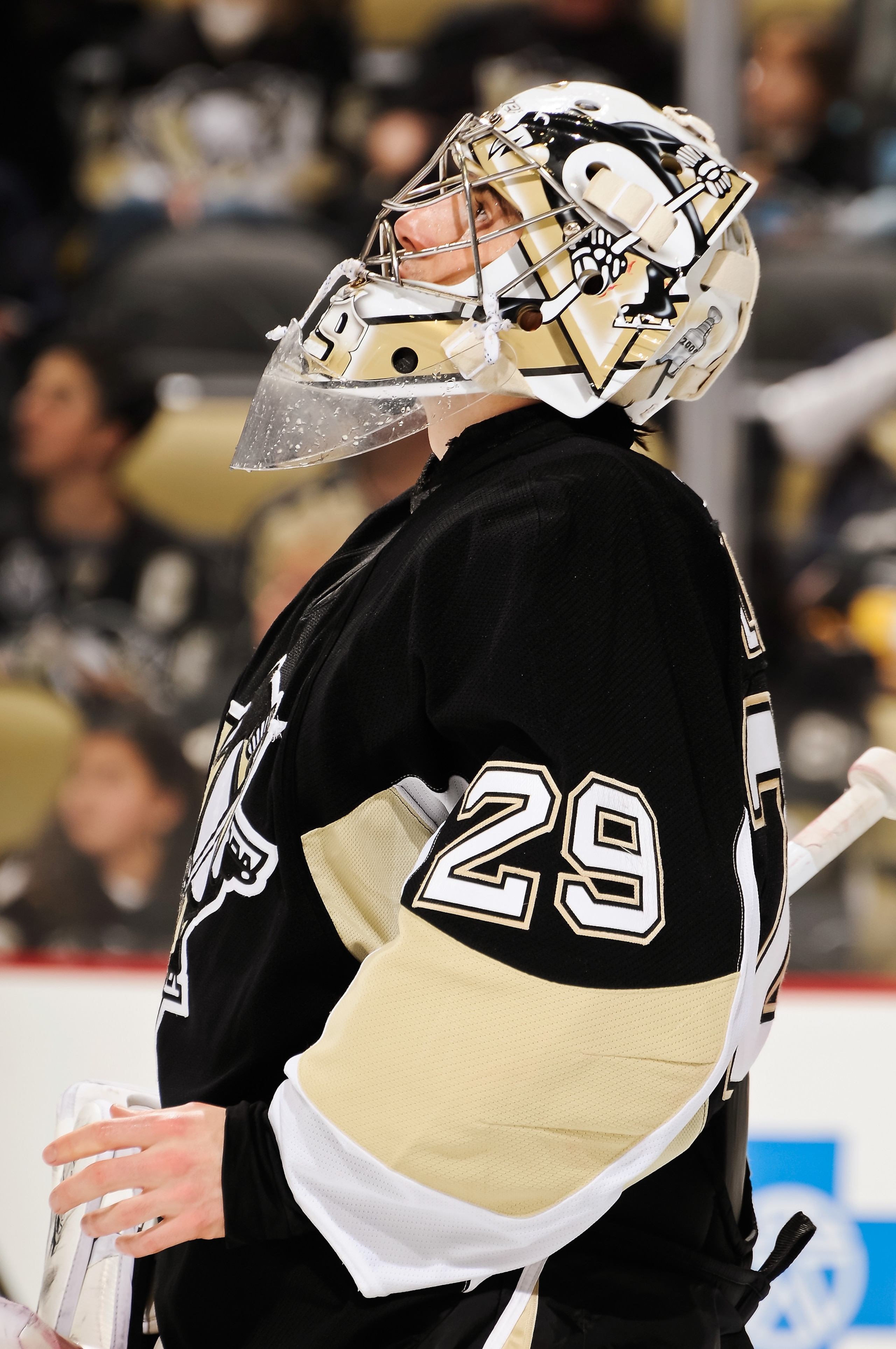 PITTSBURGH, PA - MARCH 13:  Goaltender Marc-Andre Fleury #29 of the Pittsburgh Penguins takes a breather against the Edmonton Oilers on March 13, 2011 at CONSOL Energy Center in Pittsburgh, Pennsylvania.  (Photo by Jamie Sabau/Getty Images)