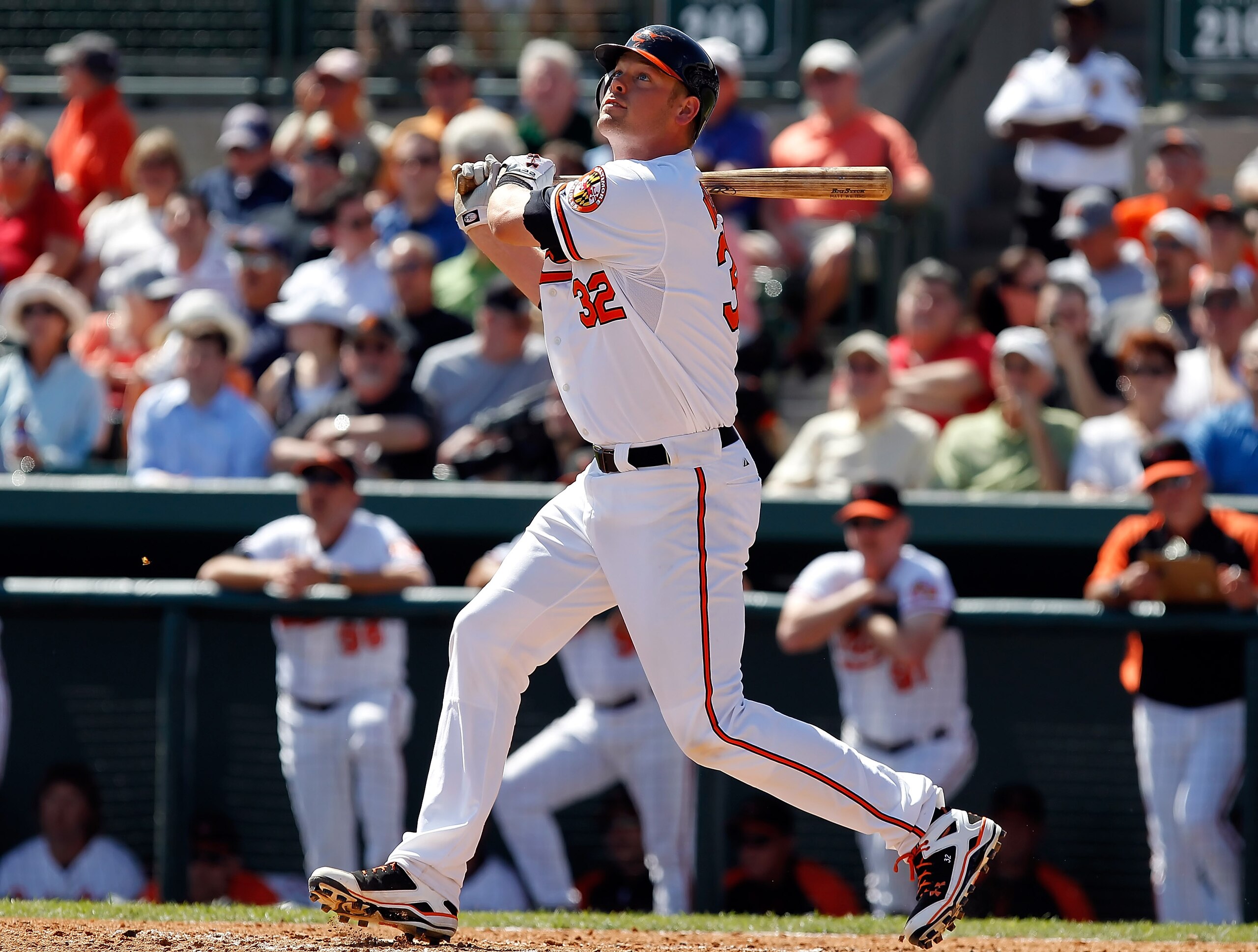 SARASOTA, FL - MARCH 03:  Catcher Matt Wieters #32 of the Baltimore Orioles fouls off a pitch against the Minnesota Twins during a Grapefruit League Spring Training Game at Ed Smith Stadium on March 3, 2011 in Sarasota, Florida.  (Photo by J. Meric/Getty