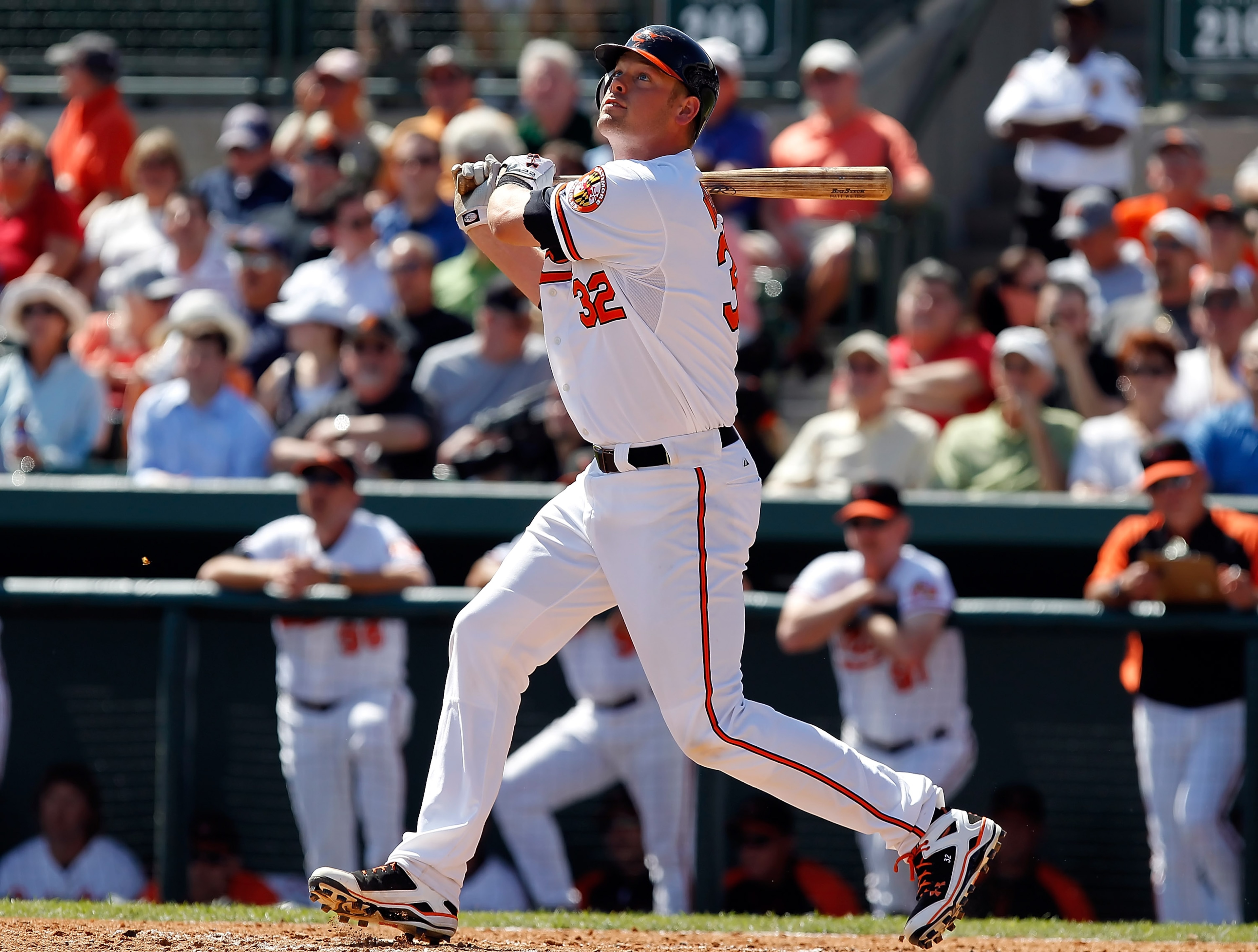 SARASOTA, FL - MARCH 03:  Catcher Matt Wieters #32 of the Baltimore Orioles fouls off a pitch against the Minnesota Twins during a Grapefruit League Spring Training Game at Ed Smith Stadium on March 3, 2011 in Sarasota, Florida.  (Photo by J. Meric/Getty