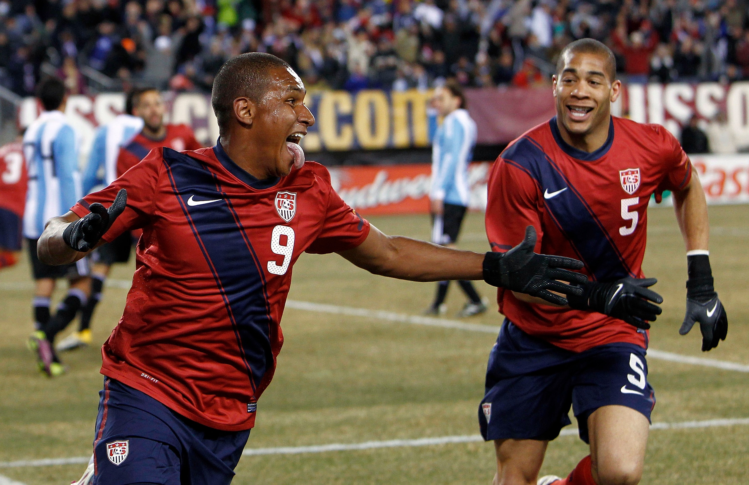 EAST RUTHERFORD, NJ - MARCH 26:  Juan Agudelo #9 and Oguchi Onyewu #5 of the United States celebrate Agudelo's game-tying goal during the second half of a friendly match against Argentina at New Meadowlands Stadium on March 26, 2011 in East Rutherford, Ne
