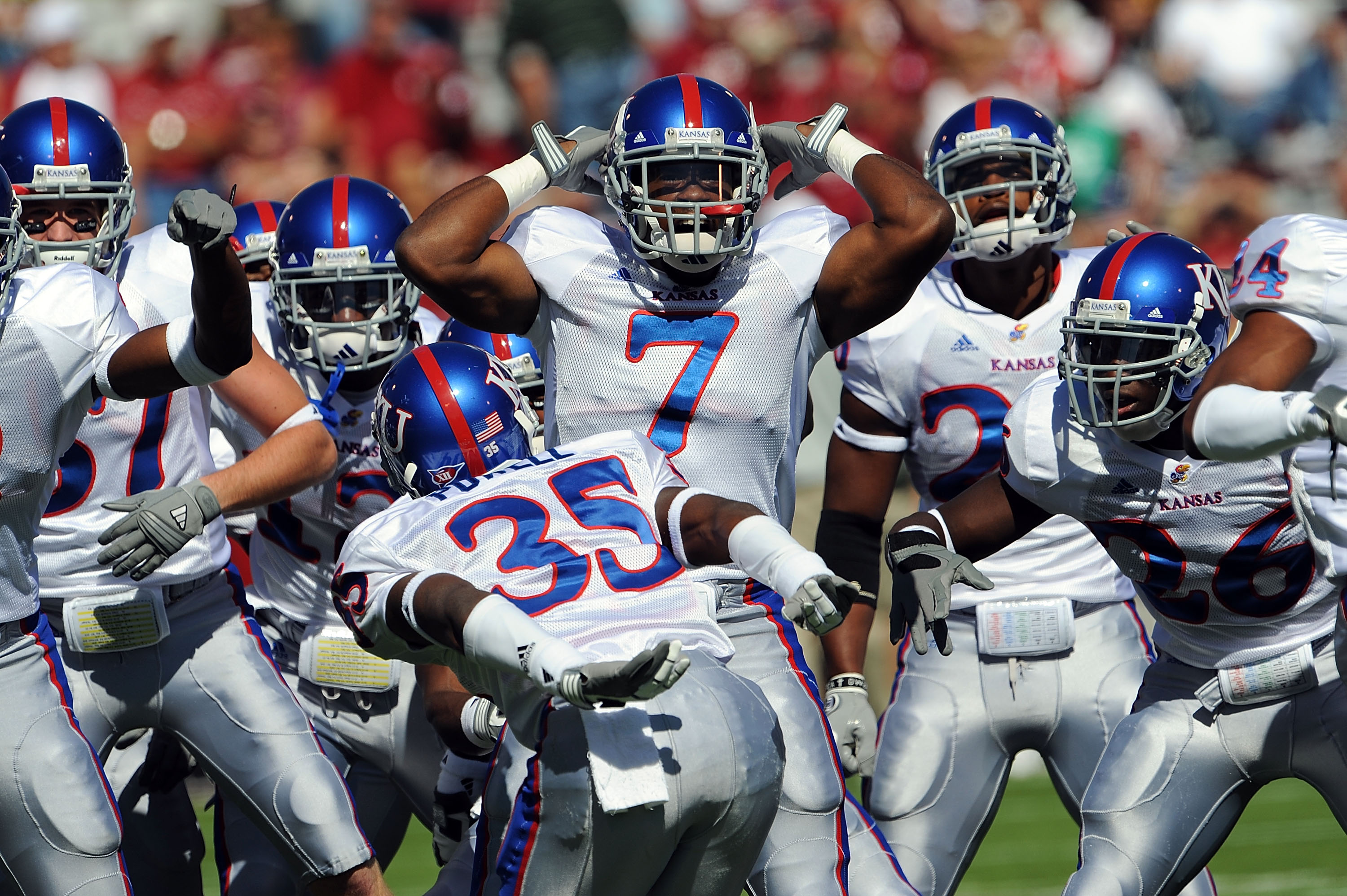 NORMAN, OK - OCTOBER 18: Safety Patrick Resby #7 and Corrigan Powell #35 of the Kansas Jayhawks prepare before a game against the Oklahoma Sooners at Memorial Stadium on October 18, 2008 in Norman, Oklahoma. (Photo by Ronald Martinez/Getty Images)
