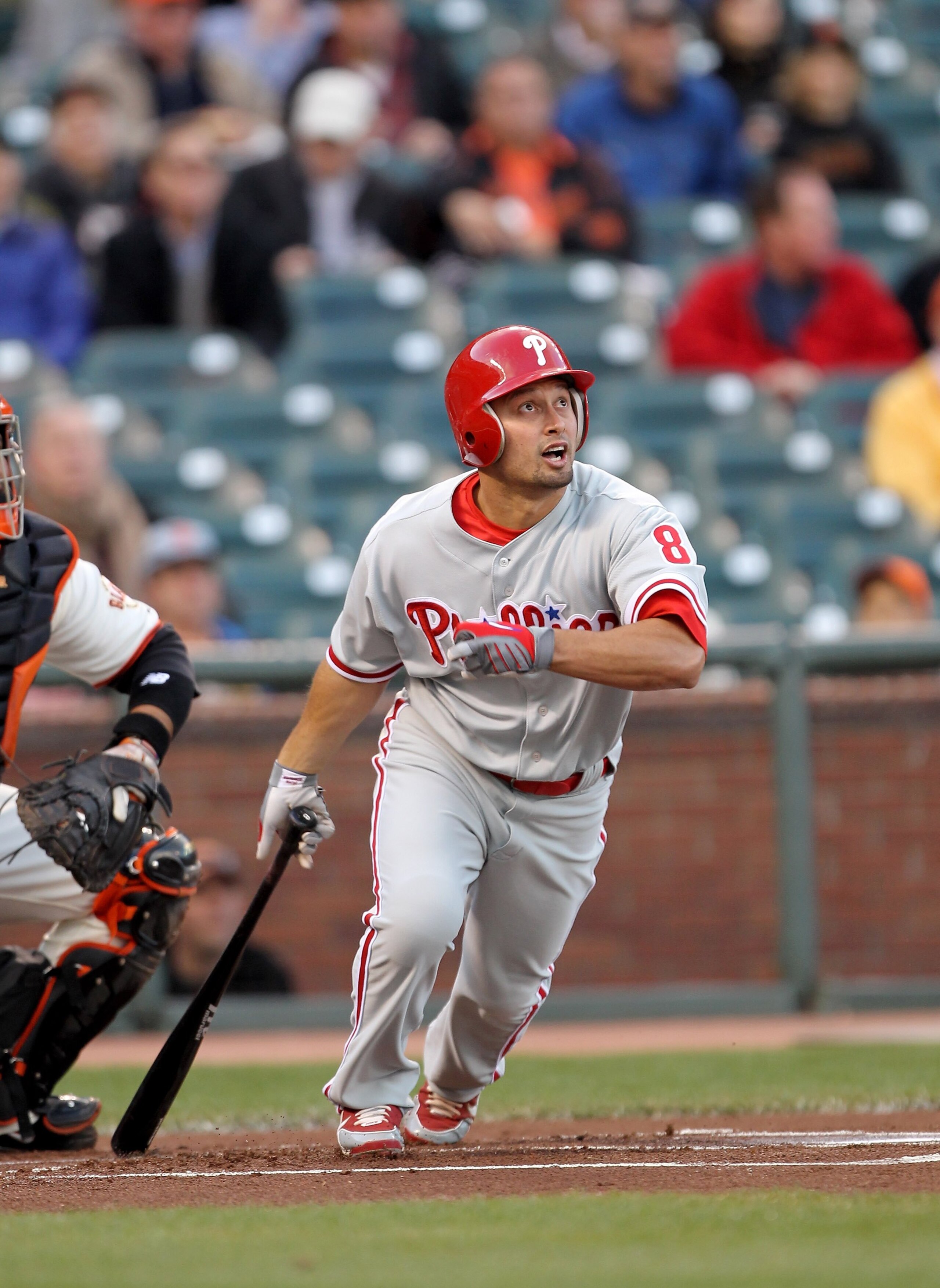 SAN FRANCISCO - APRIL 27:  Shane Victorino #8 of the Philadelphia Phillies bats against the San Francisco Giants at AT&T Park on April 27, 2010 in San Francisco, California.  (Photo by Ezra Shaw/Getty Images)