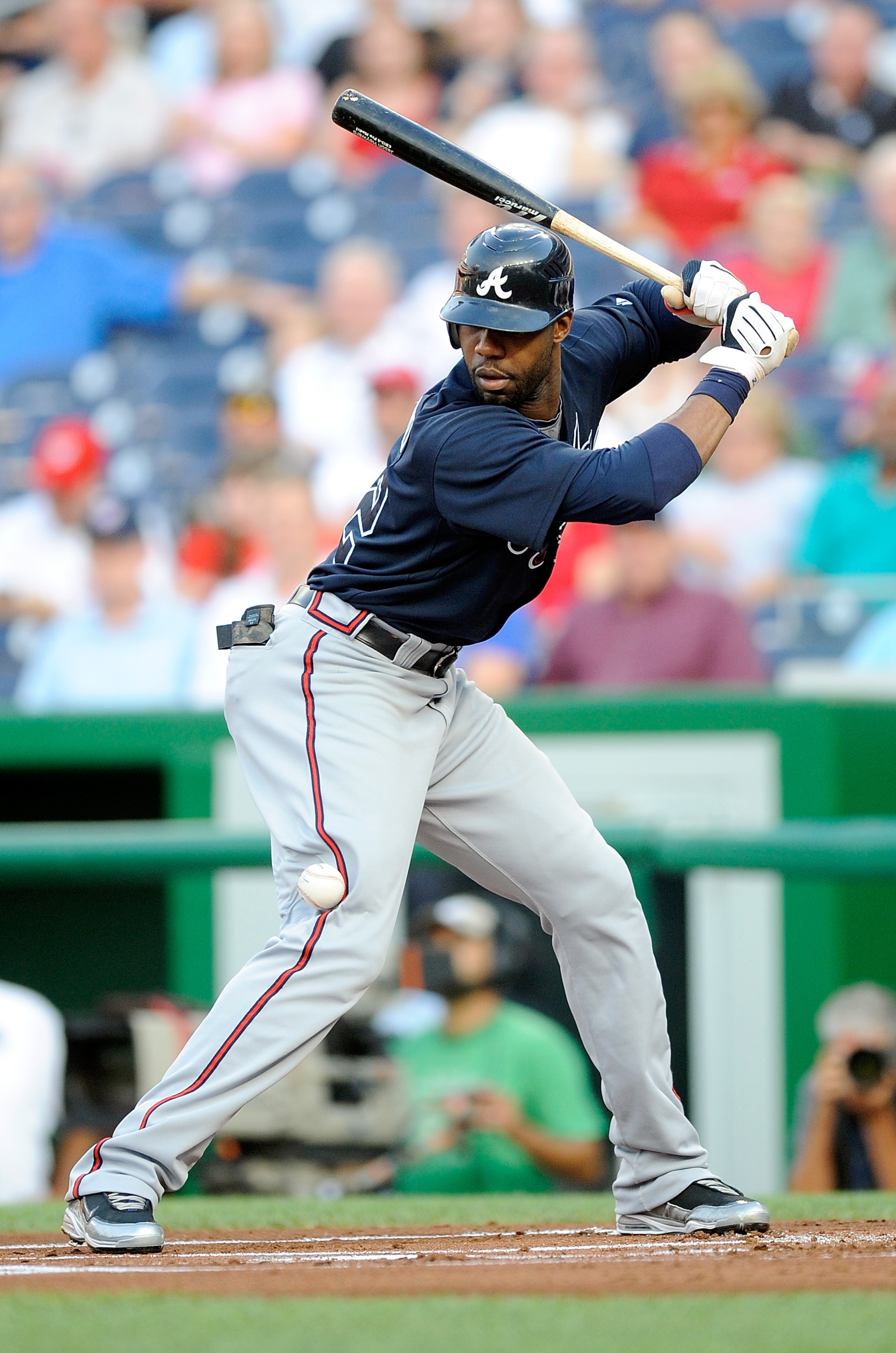 WASHINGTON - JULY 27:  Jason Heyward #22 of the Atlanta Braves is hit by a pitch in the first inning against the Washington Nationals at Nationals Park on July 27, 2010 in Washington, DC.  (Photo by Greg Fiume/Getty Images)