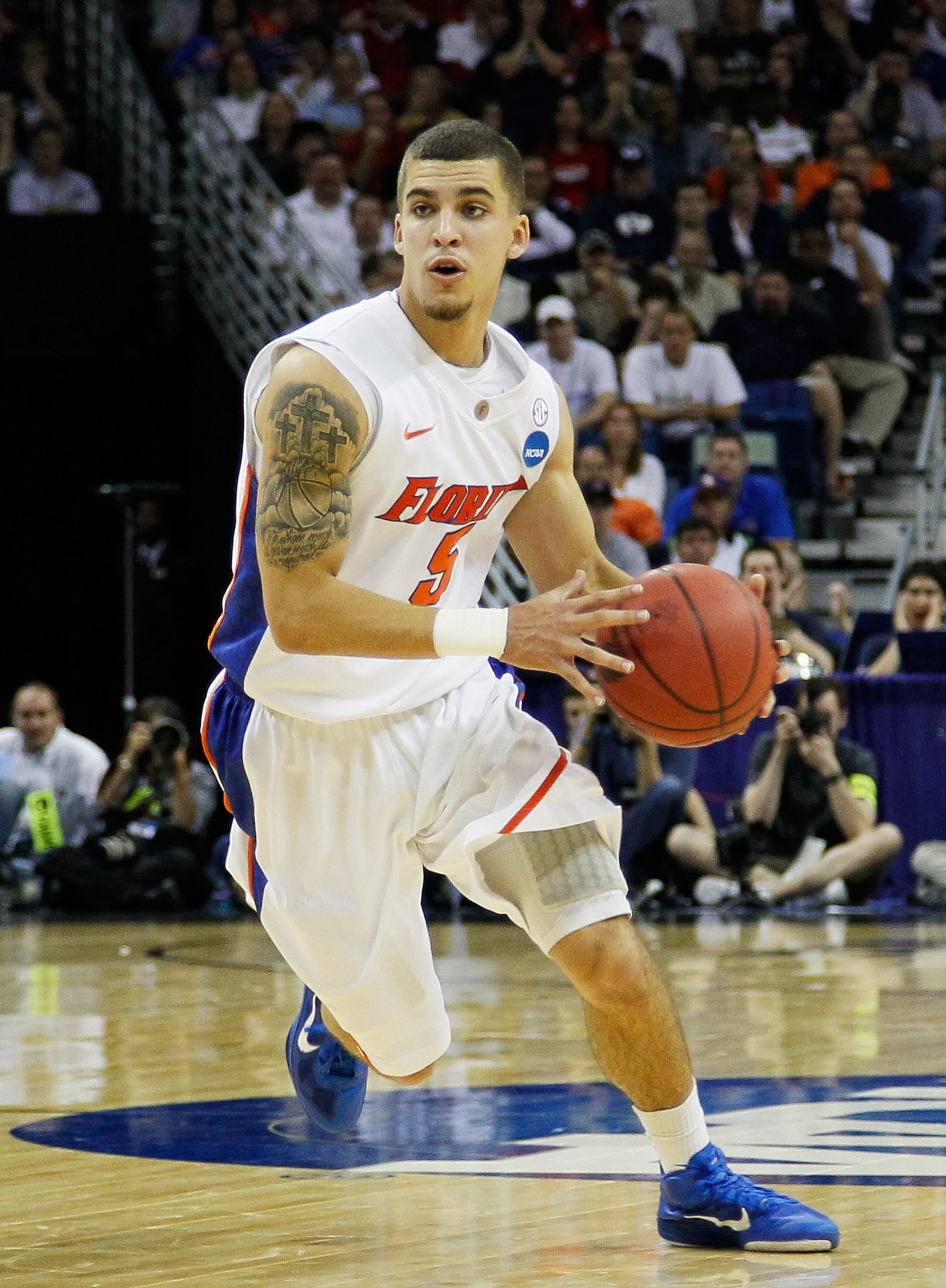 NEW ORLEANS, LA - MARCH 24:  Scottie Wilbekin #5 of the Florida Gators drives against the Brigham Young Cougars during the Southeast regional of the 2011 NCAA men's basketball tournament at New Orleans Arena on March 24, 2011 in New Orleans, Louisiana.  (