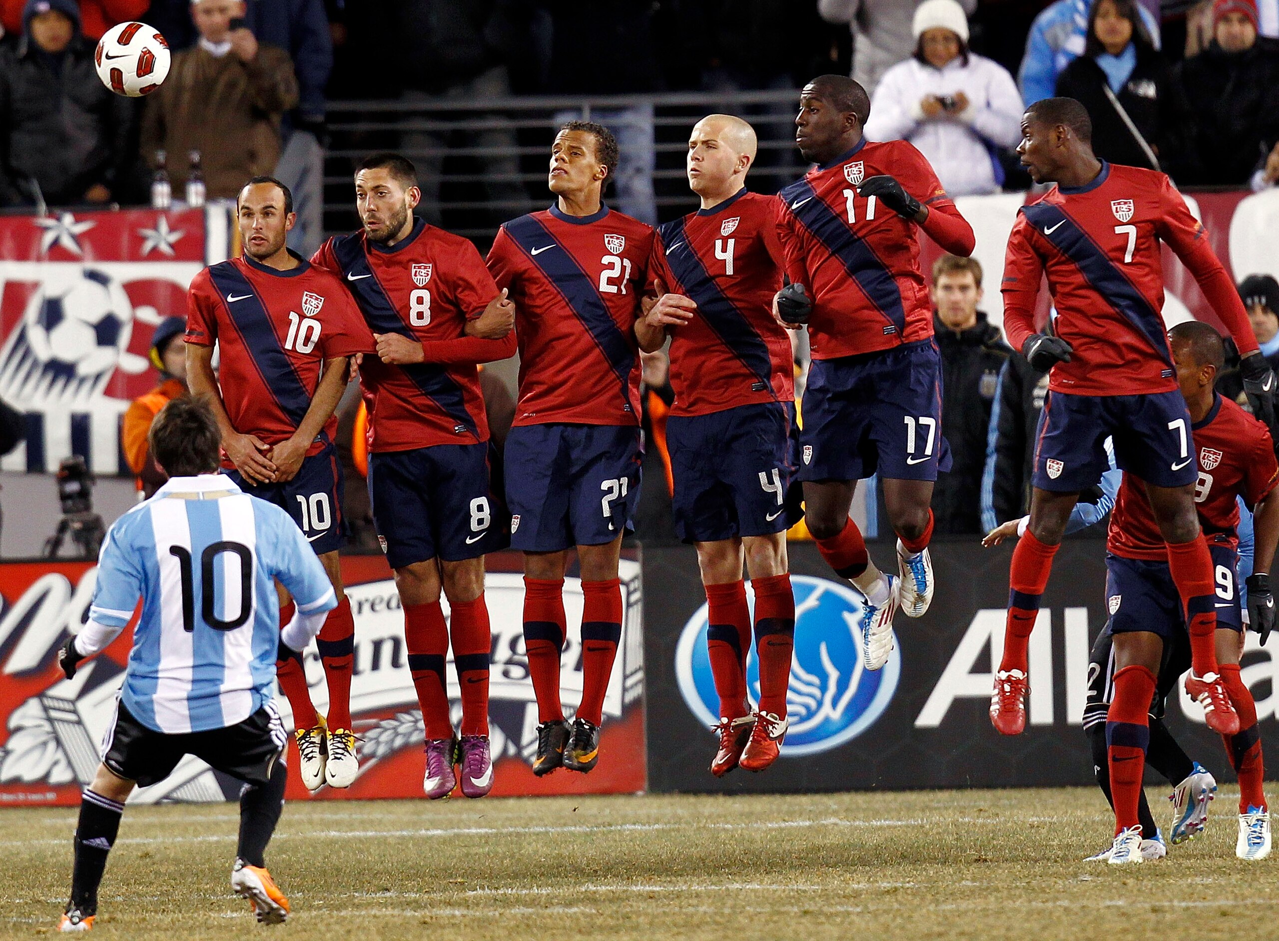 EAST RUTHERFORD, NJ - MARCH 26:  The United States lines up to defend a free kick by Lionel Messi #10 of Argentina during the second half of a friendly match at New Meadowlands Stadium on March 26, 2011 in East Rutherford, New Jersey.  (Photo by Jeff Zele