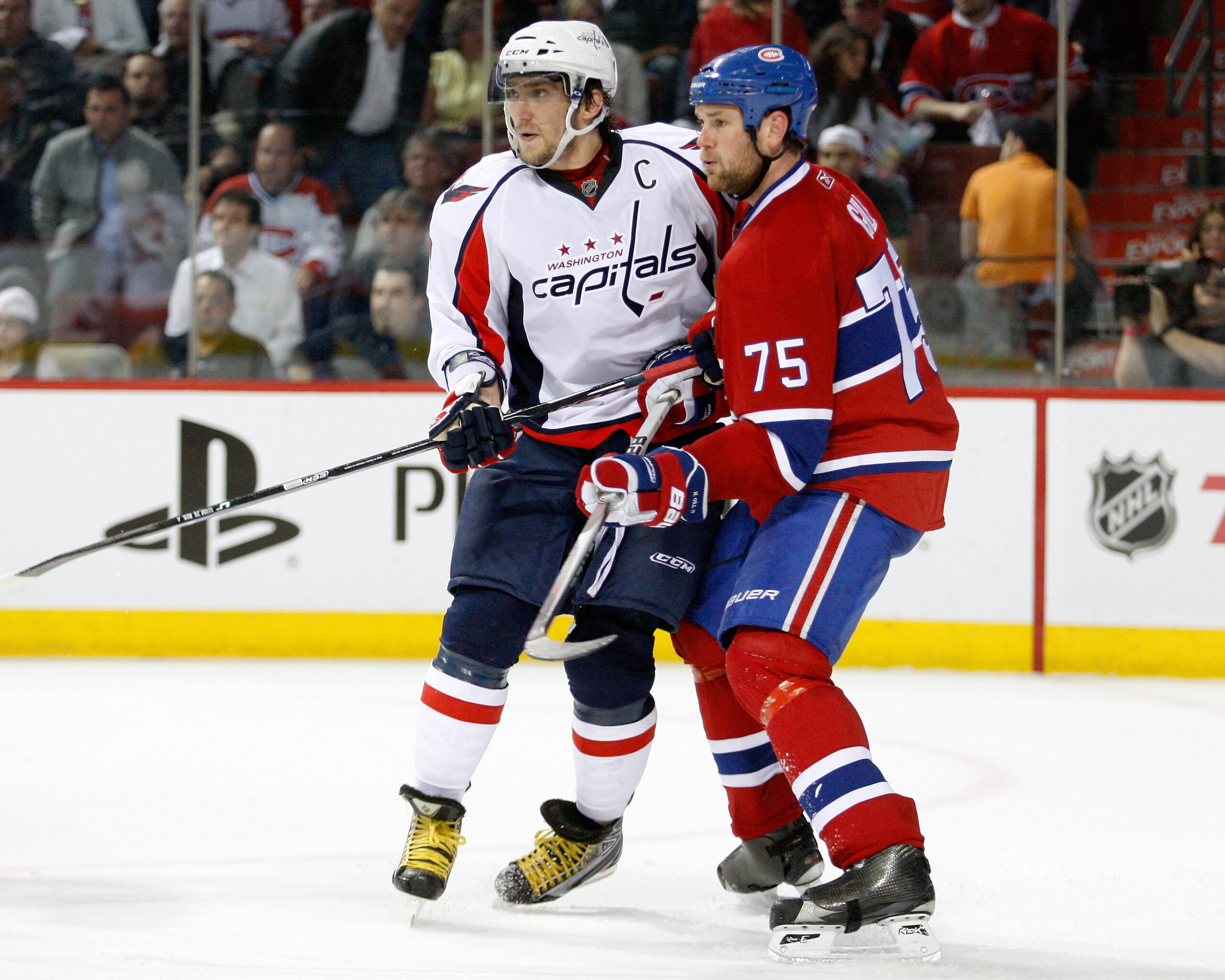 MONTREAL- APRIL 26:  Hal Gill #75 of the Montreal Canadiens defends against Alex Ovechkin #8 of the Washington Capitals in Game Six of the Eastern Conference Quarterfinals during the 2010 NHL Stanley Cup Playoffs at the Bell Centre on April 26, 2010 in Mo