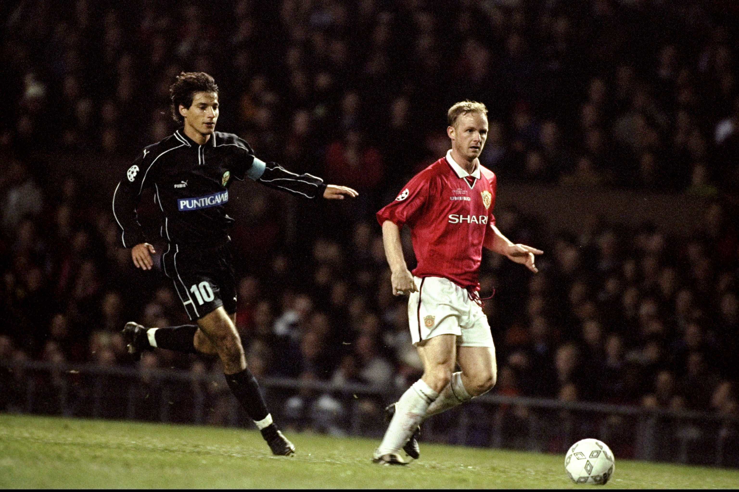 2 Nov 1999:  David May of Manchester United and Ivica Vastic of Sturm Graz in action during the UEFA Champions League Group D Match at Old Trafford in Manchester, England. Manchester United won 2-1 to top the group. \ Mandatory Credit: Ross Kinnaird /Alls