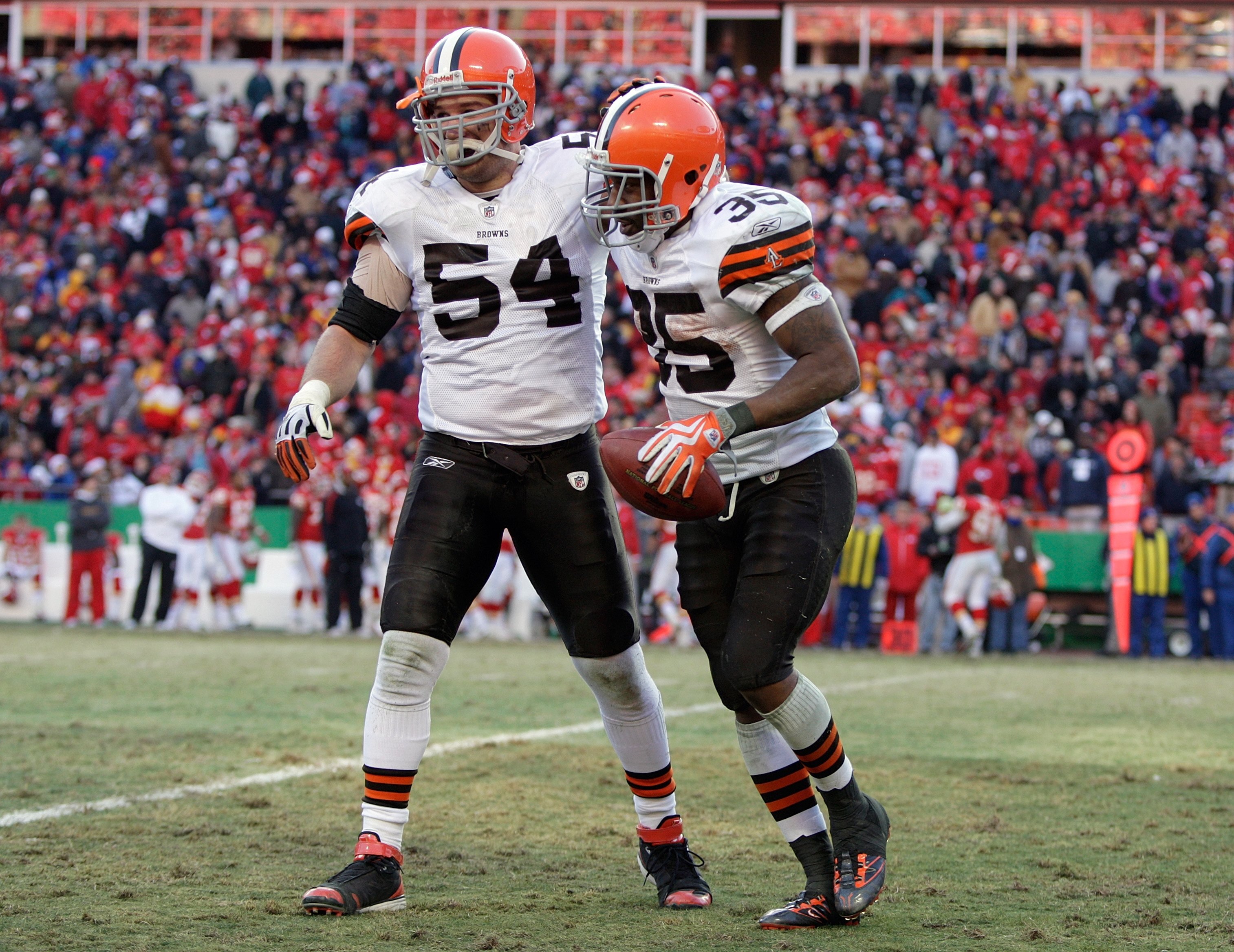 KANSAS CITY, MO - DECEMBER 20:  Blake Costanzo #54 of the Cleveland Browns congratulates teammate Jerome Harrison #35 after a play during their NFL game against the Kansas City Chiefs on December 20, 2009 at Arrowhead Stadium in Kansas City, Missouri. The