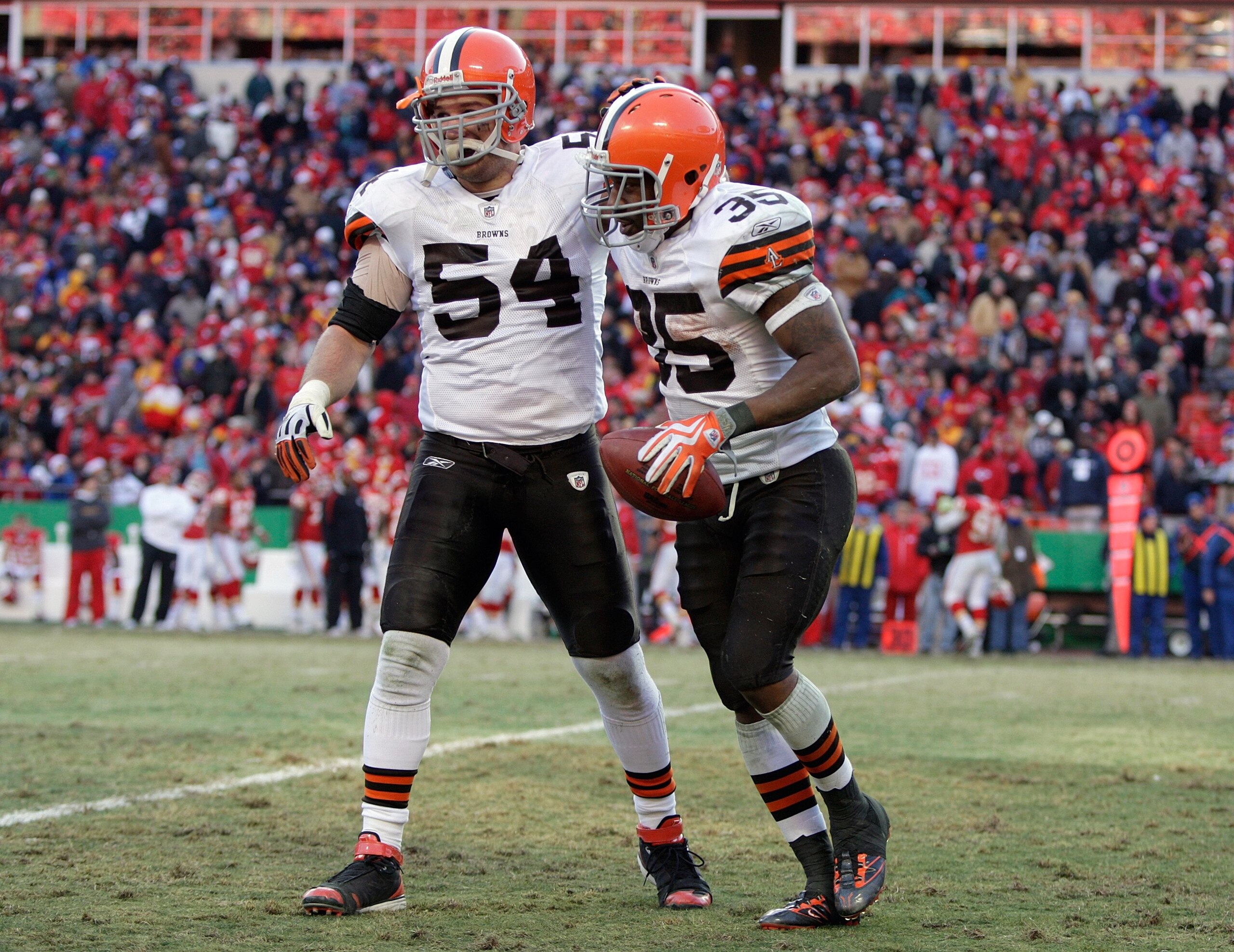 KANSAS CITY, MO - DECEMBER 20:  Blake Costanzo #54 of the Cleveland Browns congratulates teammate Jerome Harrison #35 after a play during their NFL game against the Kansas City Chiefs on December 20, 2009 at Arrowhead Stadium in Kansas City, Missouri. The