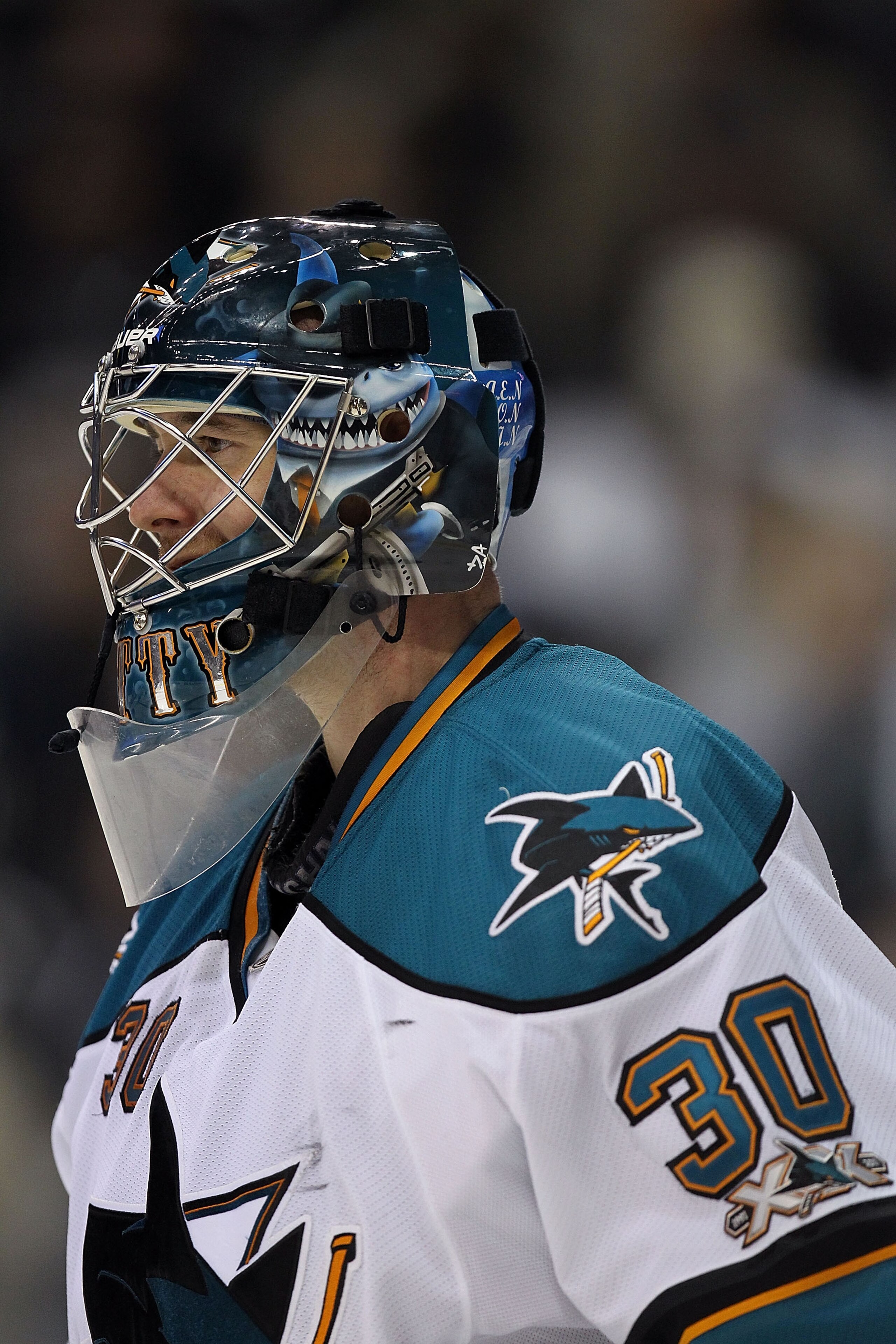 DALLAS, TX - DECEMBER 16:  Goaltender Antero Niittymaki #30 of the San Jose Sharks in goal against the Dallas Stars at American Airlines Center on December 16, 2010 in Dallas, Texas.  (Photo by Ronald Martinez/Getty Images)
