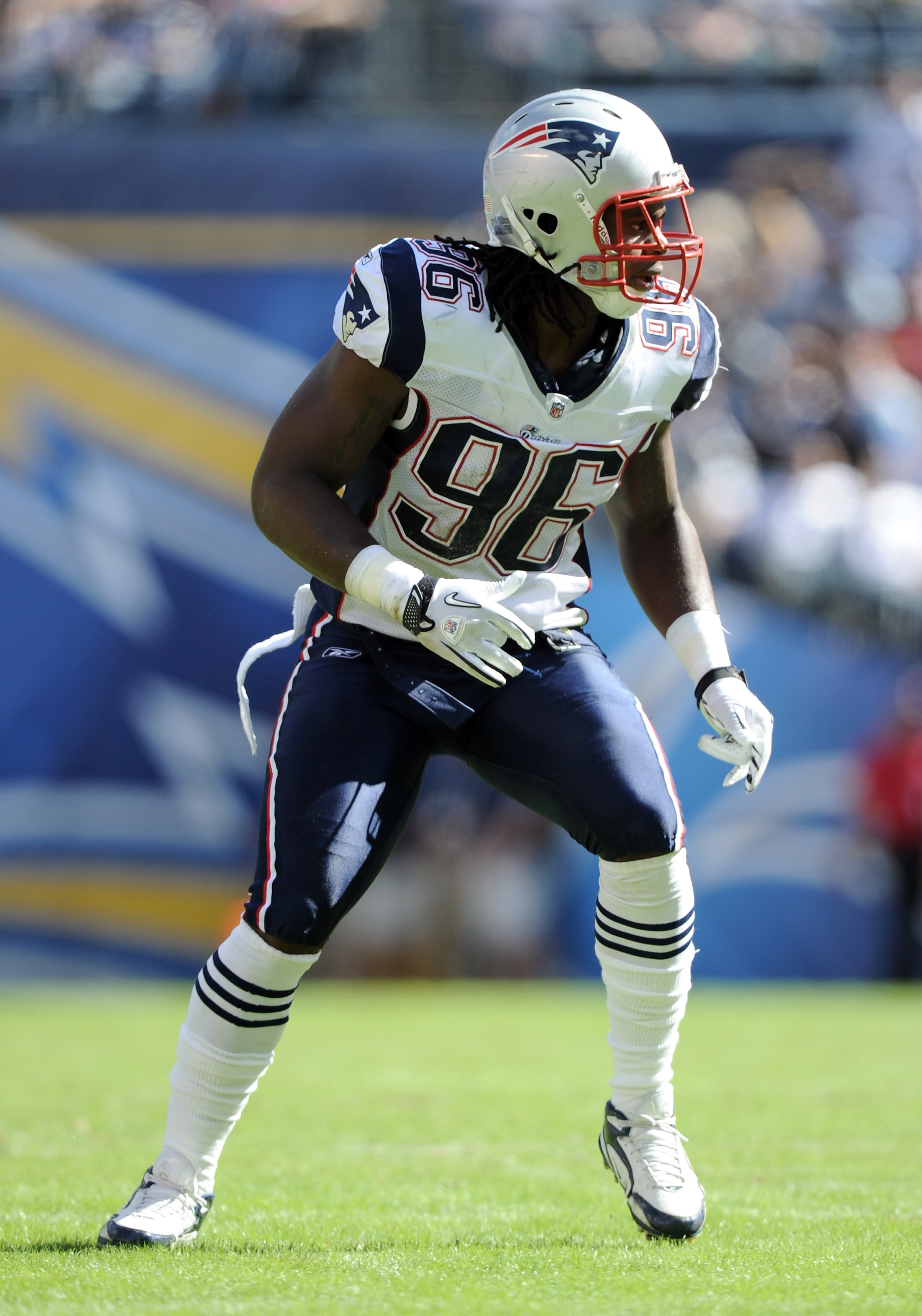 SAN DIEGO - OCTOBER 24:  Jermaine Cunningham #96 of the New England Patriots on defense against the San Diego Chargers at Qualcomm Stadium on October 24, 2010 in San Diego, California.  (Photo by Harry How/Getty Images)