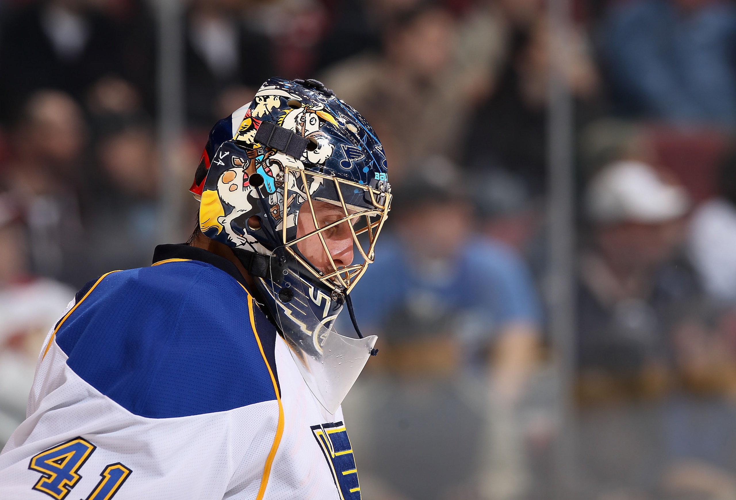 GLENDALE, AZ - MARCH 22:  Goaltender Jaroslav Halak #41 of the St. Louis Blues reacts during the NHL game against the Phoenix Coyotes at Jobing.com Arena on March 22, 2011 in Glendale, Arizona. The Coyotes defeated the Blues 2-1.  (Photo by Christian Pete
