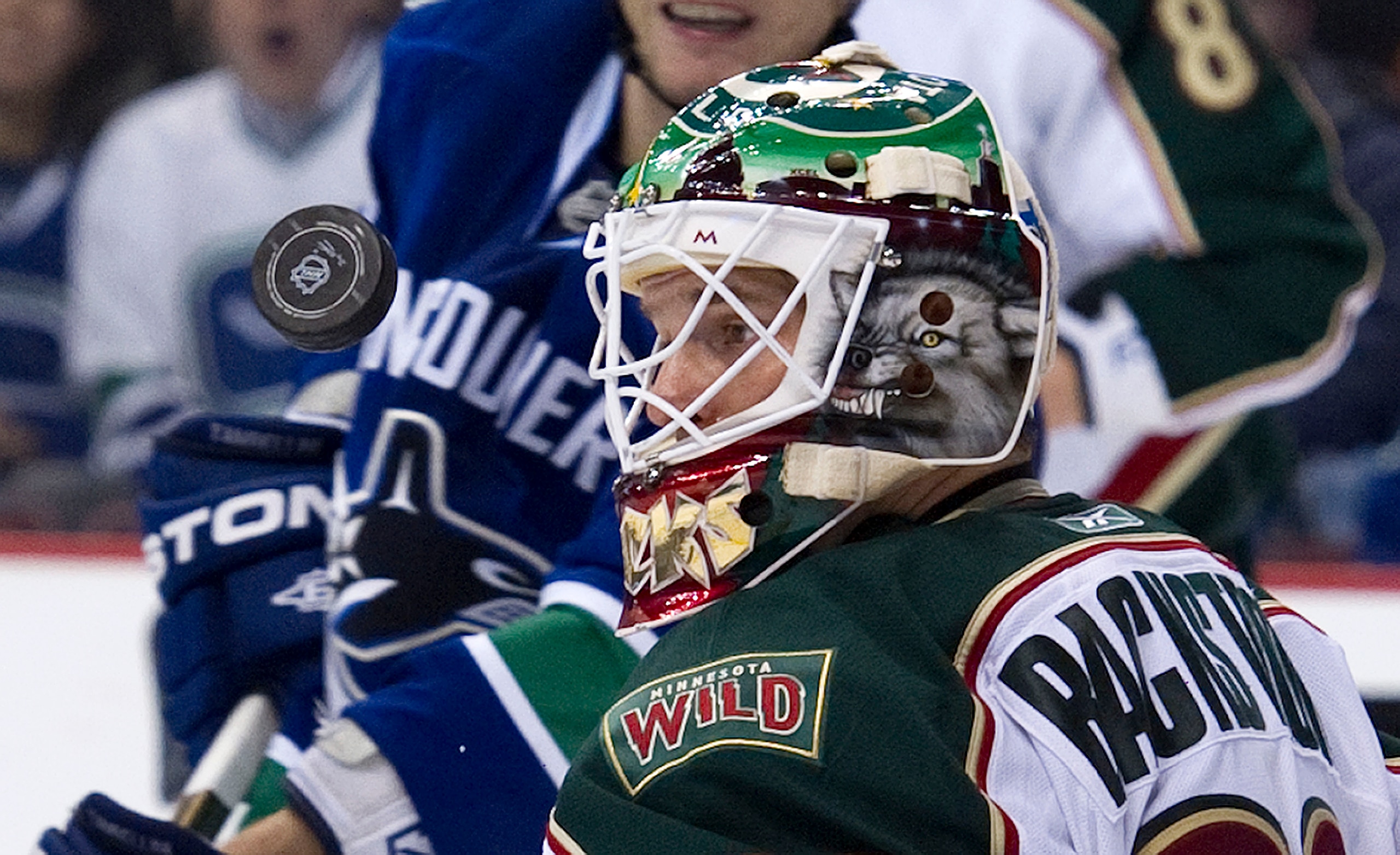 VANCOUVER, CANADA - MARCH 14: Goalie Niklas Backstrom #32 of the Minnesota Wild keeps an eye on the airborne puck after making a save against the Vancouver Canucks during the second period in NHL action on March 14, 2011 at Rogers Arena in Vancouver, Brit
