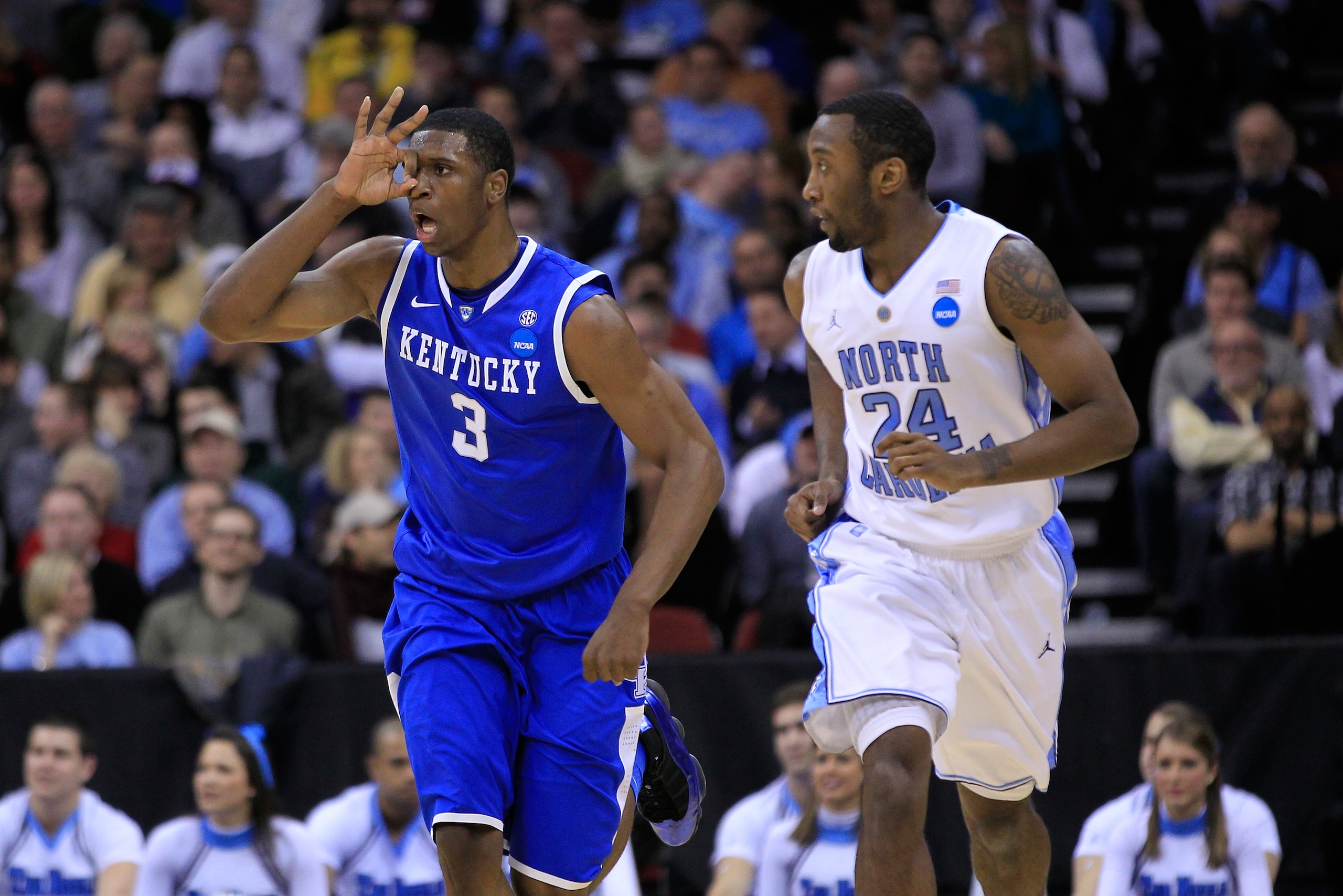 NEWARK, NJ - MARCH 27: Terrence Jones #3 of the Kentucky Wildcats celebrates after a play against the North Carolina Tar Heels during the east regional final of the 2011 NCAA men's basketball tournament at Prudential Center on March 27, 2011 in Newark, N NEWARK, NJ - MARCH 27: Terrence Jones #3 of the Kentucky Wildcats celebrates after a play against the North Carolina Tar Heels during the east regional final of the 2011 NCAA men's basketball tournament at Prudential Center on March 27, 2011 in Newark, N