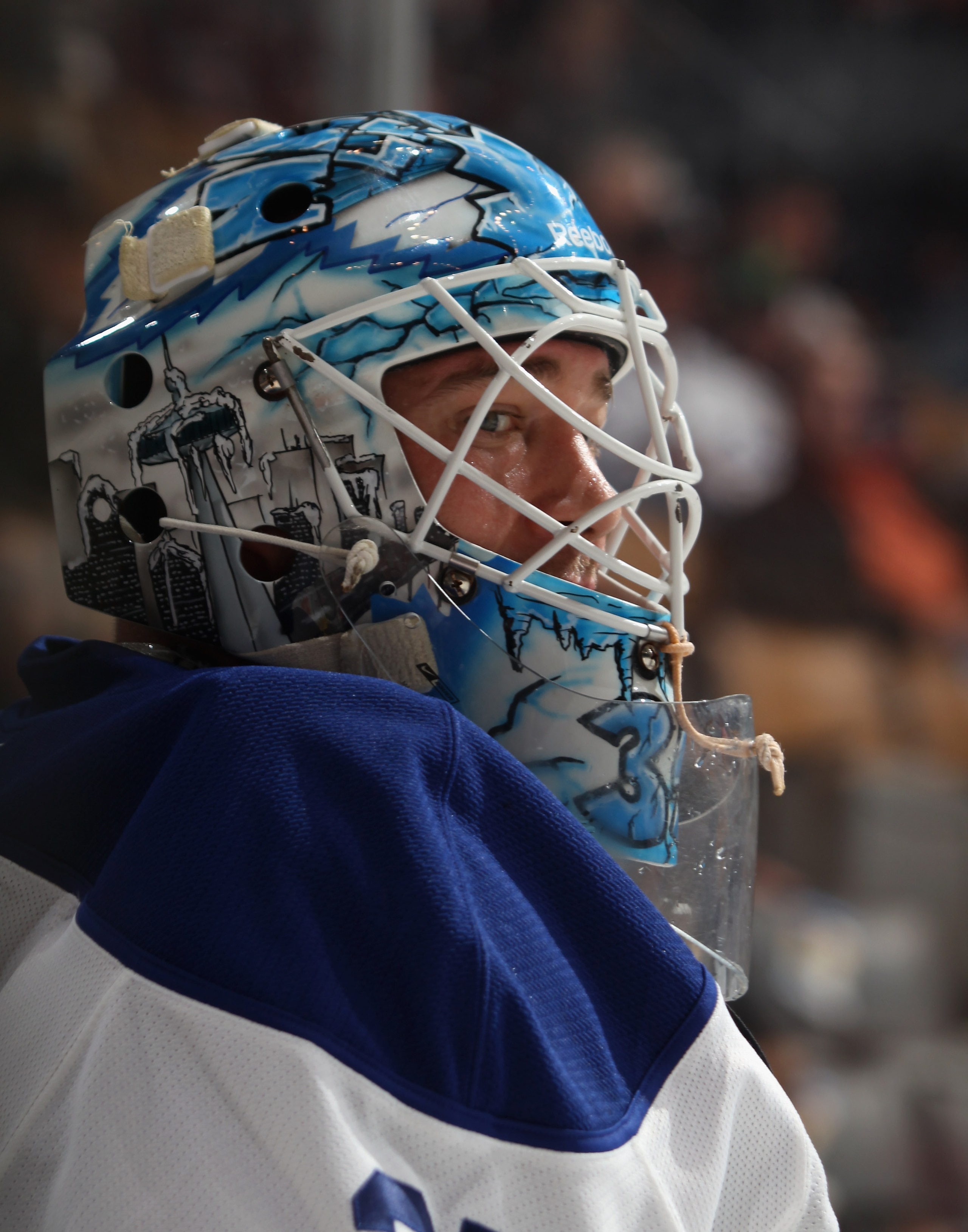 TORONTO, ON - NOVEMBER 06:  Jean-Sebastien Gigure #35 of the Toronto Maple Leafs skates in warmups prior to the game against the Buffalo Sabres at the Air Canada Centre on November 6, 2010 in Toronto, Canada.  (Photo by Bruce Bennett/Getty Images)
