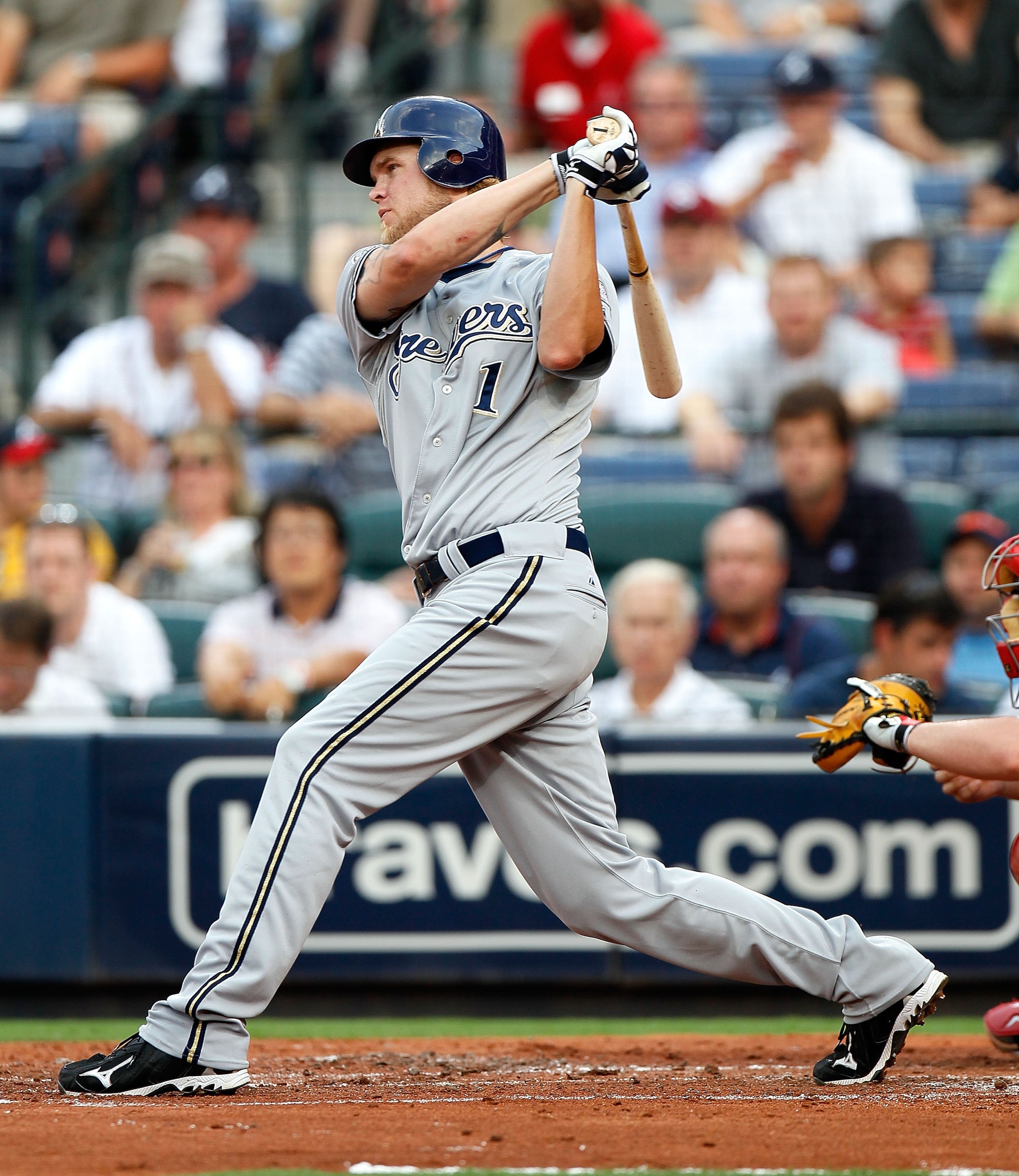 ATLANTA - JULY 15:  Corey Hart #1 of the Milwaukee Brewers against the Atlanta Braves at Turner Field on July 15, 2010 in Atlanta, Georgia.  (Photo by Kevin C. Cox/Getty Images)