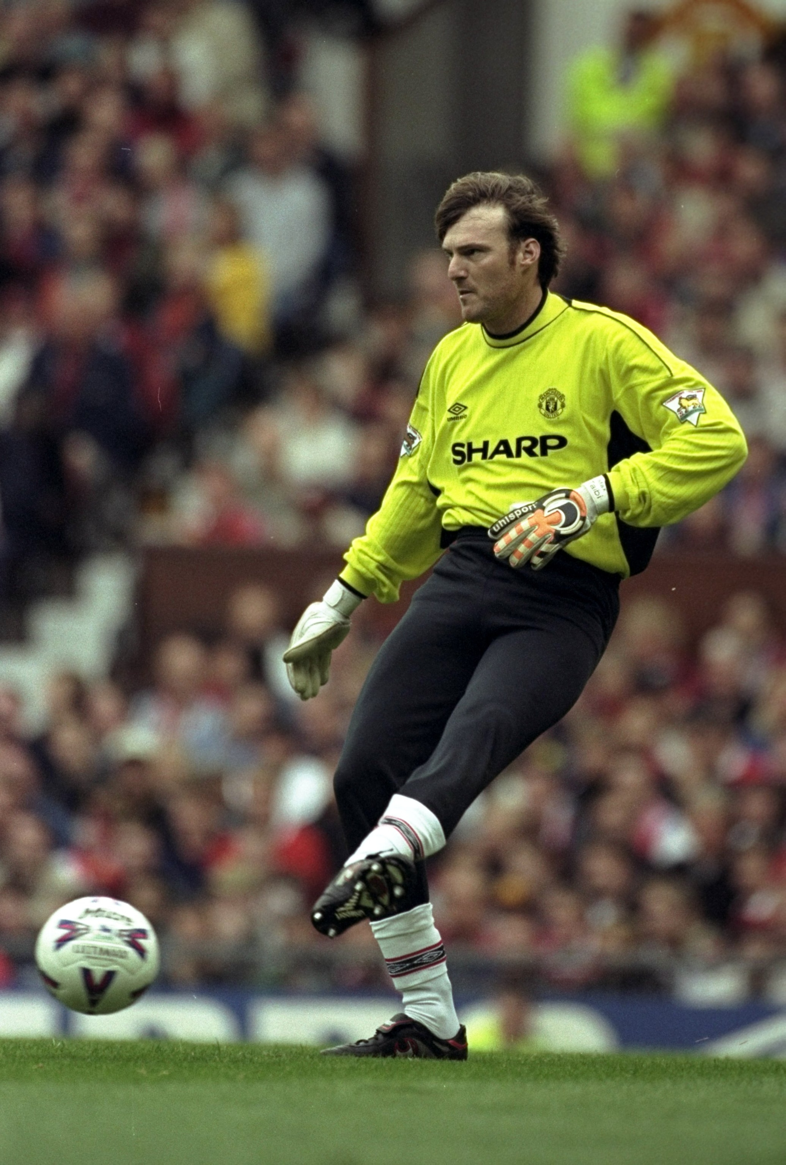 18 Sep 1999: Massimo Taibi of Manchester United in action the FA Carling Premiership match between Manchester United and Wimbledon, after winning Manager of the Month award, at Old Trafford in Manchester, England. The game ended ina 1-1 draw. \ Mandatory 18 Sep 1999: Massimo Taibi of Manchester United in action the FA Carling Premiership match between Manchester United and Wimbledon, after winning Manager of the Month award, at Old Trafford in Manchester, England. The game ended ina 1-1 draw. \ Mandatory
