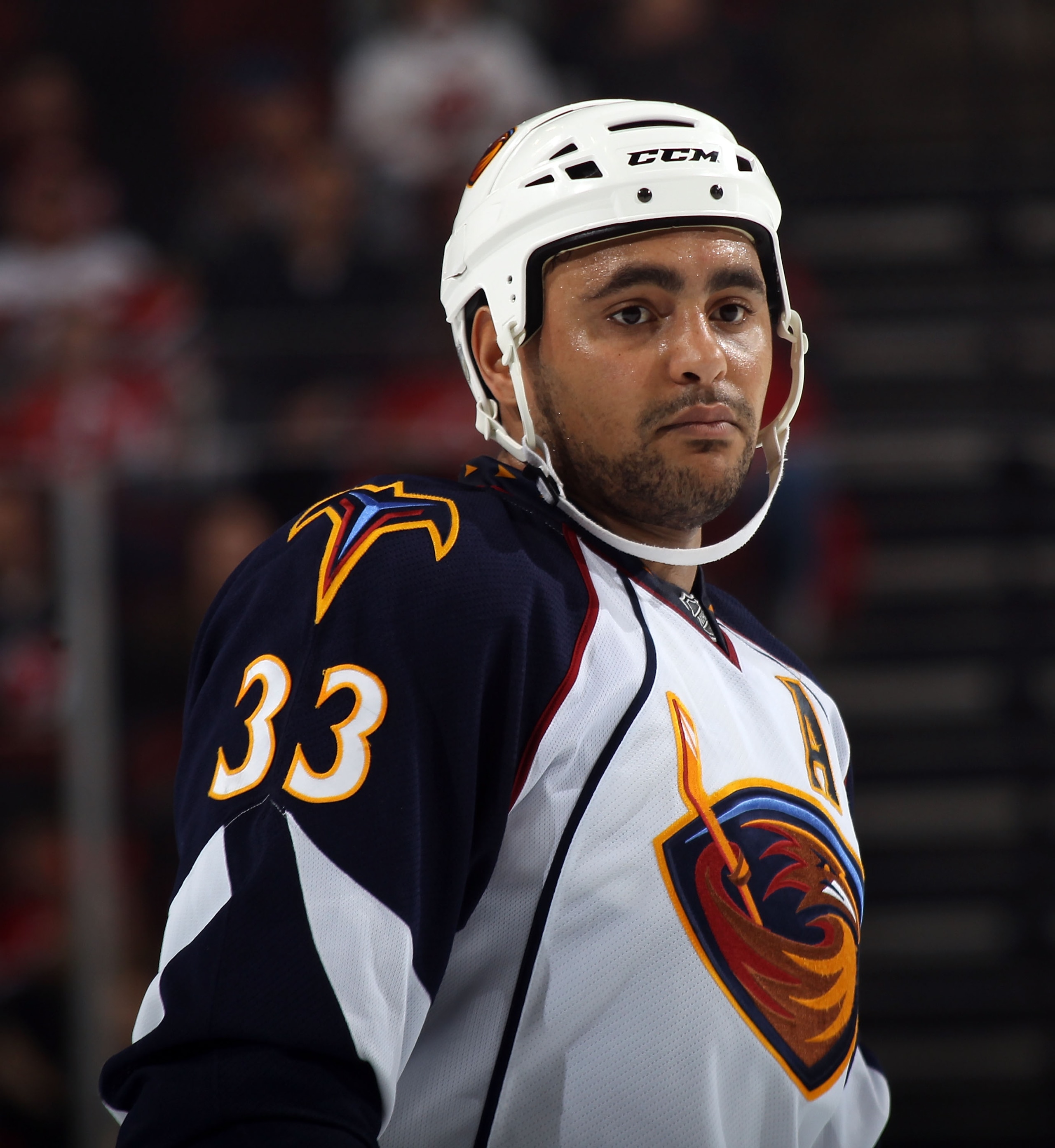 NEWARK, NJ - MARCH 15: Dustin Byfuglien #33 of the Atlanta Thrashers skates against the New Jersey Devils at the Prudential Center on March 15, 2011 in Newark, New Jersey. The Devils defeated the Thrashers 4-2. (Photo by Bruce Bennett/Getty Images) NEWARK, NJ - MARCH 15: Dustin Byfuglien #33 of the Atlanta Thrashers skates against the New Jersey Devils at the Prudential Center on March 15, 2011 in Newark, New Jersey. The Devils defeated the Thrashers 4-2. (Photo by Bruce Bennett/Getty Images)