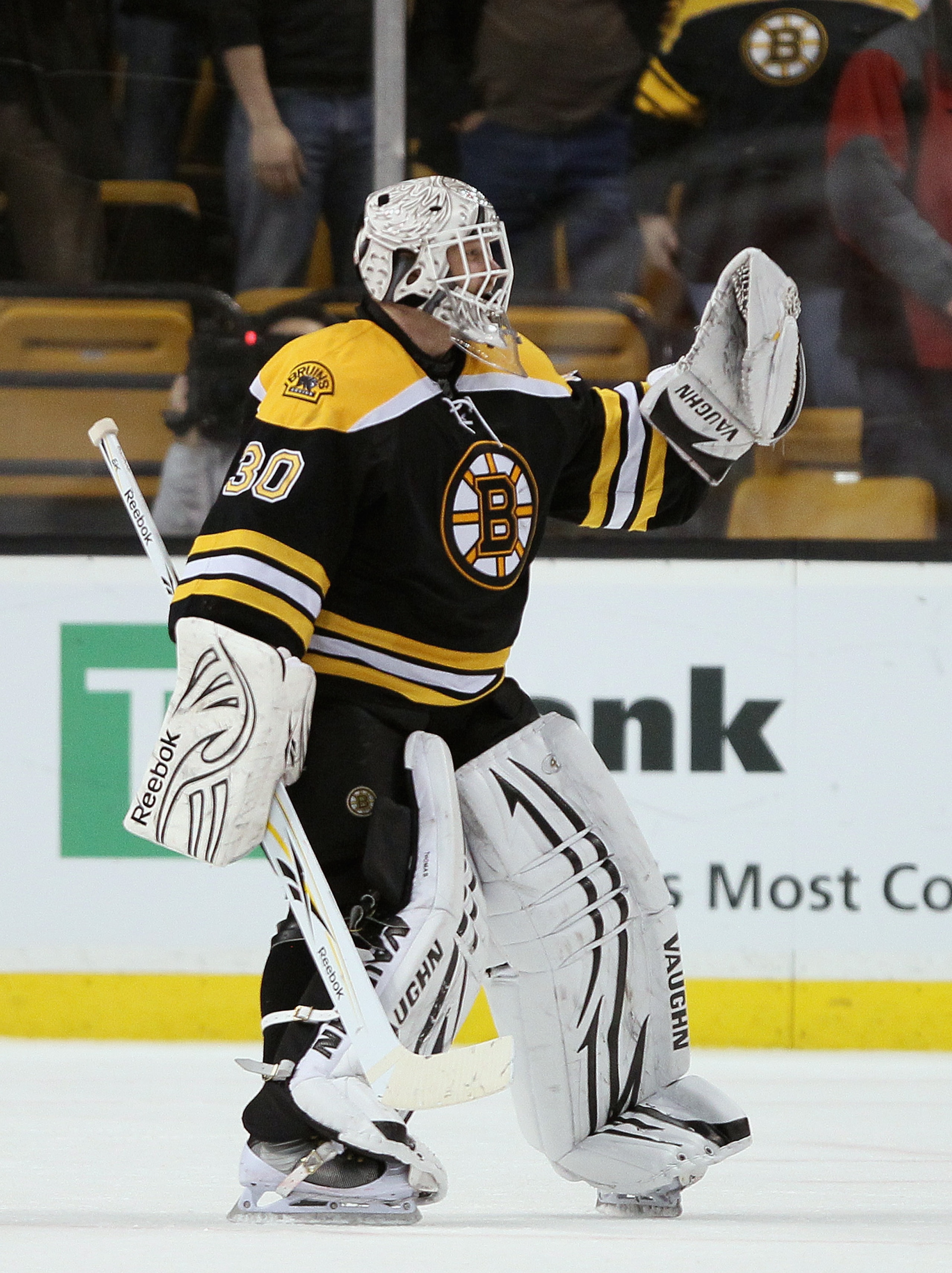 BOSTON, MA - MARCH 24: Tim Thomas #30 of the Boston Bruins celebrates his shut out after the game against the Montreal Canadiens on March 24, 2011 at the TD Garden in Boston, Massachusetts. The Boston Bruins defeated the Montreal Canadiens 7-0. (Photo BOSTON, MA - MARCH 24: Tim Thomas #30 of the Boston Bruins celebrates his shut out after the game against the Montreal Canadiens on March 24, 2011 at the TD Garden in Boston, Massachusetts. The Boston Bruins defeated the Montreal Canadiens 7-0. (Photo