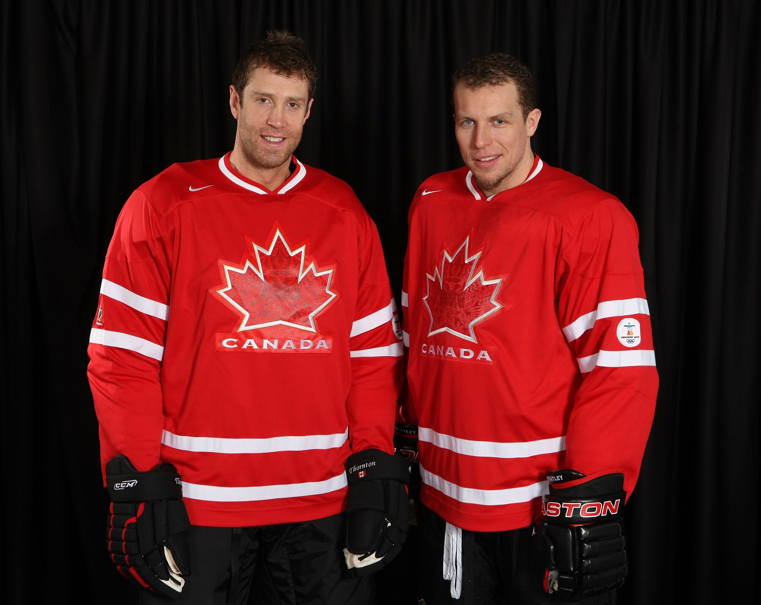 SAN JOSE, CA - JANUARY 26:  Joe Thornton and Dany Heatley of the San Jose Sharks pose for there Olympic Photo Shoot in there team Canada jersey for the 2010 Olympics.  (Photo by Don Smith/Getty Images)