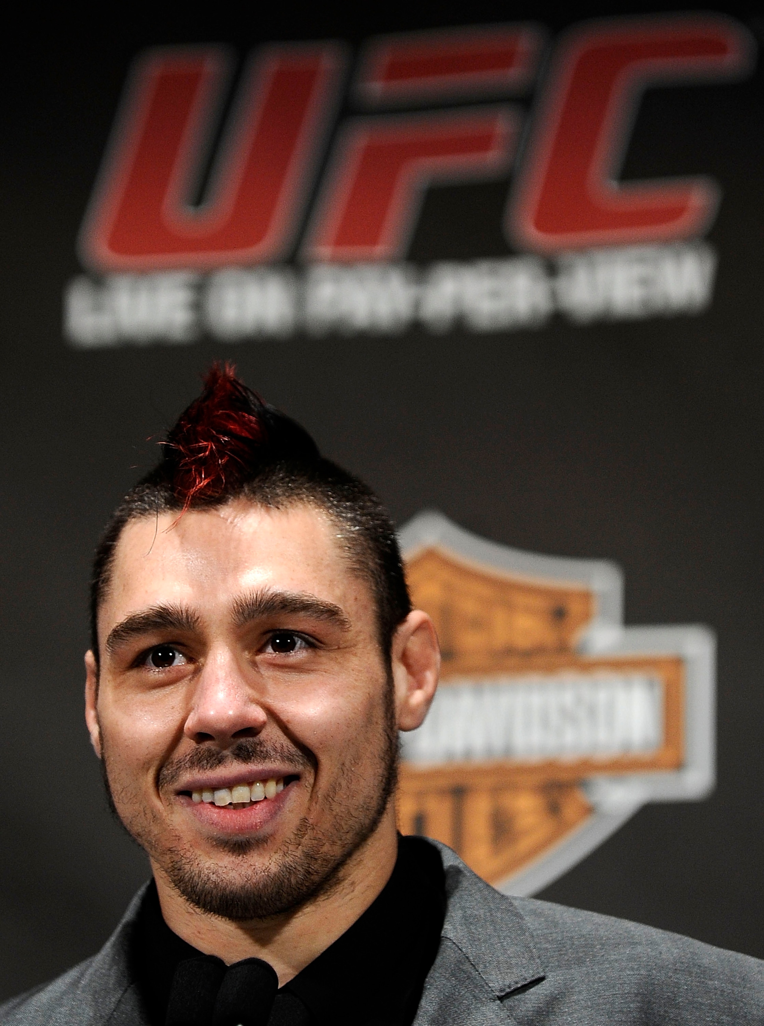 NEW YORK - MARCH 24: Dan Hardy of Nottingham, UK speaks at a press conference for UFC 111 at Radio City Music Hall on March 24, 2010 in New York City. Hardy will face Georges St-Pierre of Montreal, Quebec, Canada in the Welterweight title bout. (Photo NEW YORK - MARCH 24: Dan Hardy of Nottingham, UK speaks at a press conference for UFC 111 at Radio City Music Hall on March 24, 2010 in New York City. Hardy will face Georges St-Pierre of Montreal, Quebec, Canada in the Welterweight title bout. (Photo