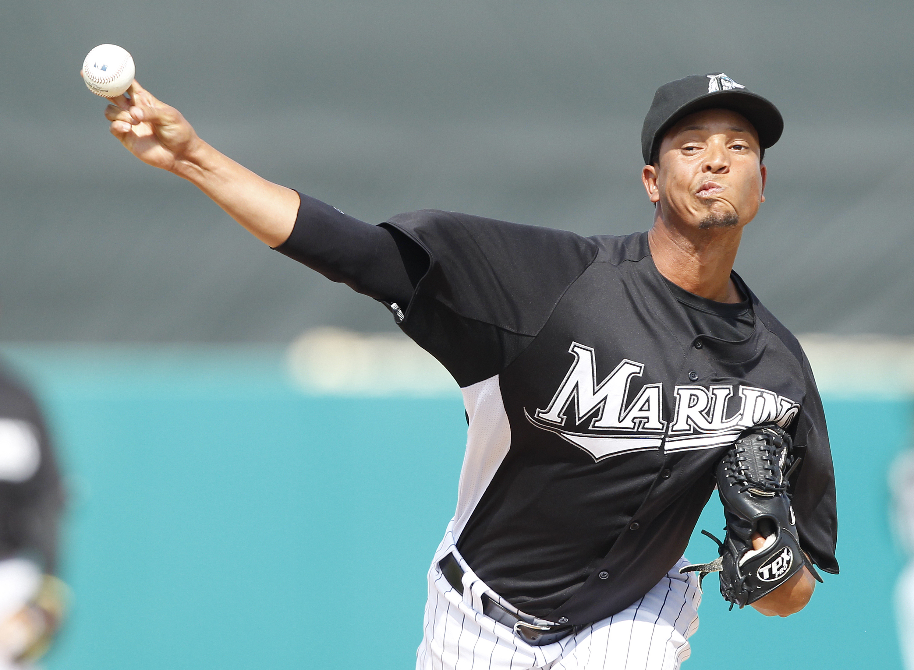 JUPITER, FL - MARCH 24: Leo Nunez #46 of the Florida Marlins prepares to pitch the final inning against the Boston Red Sox at Roger Dean Stadium on March 24, 2011 in Jupiter, Florida. The Marlins defeated the Red Sox 15-7. (Photo by Joel Auerbach/Getty Im