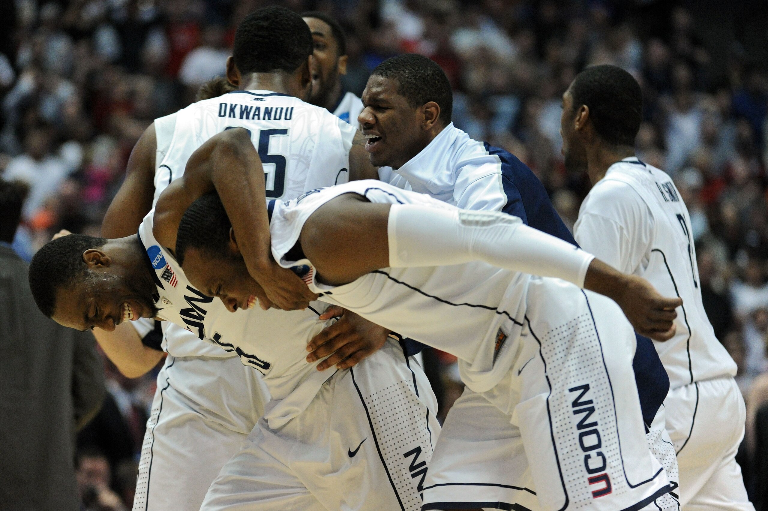 ANAHEIM, CA - MARCH 26:  Kemba Walker #15, and Donnell Beverly #2 of the Connecticut Huskies celebrate after defeating the Arizona Wildcats during the west regional final of the 2011 NCAA men's basketball tournament at the Honda Center on March 26, 2011 i
