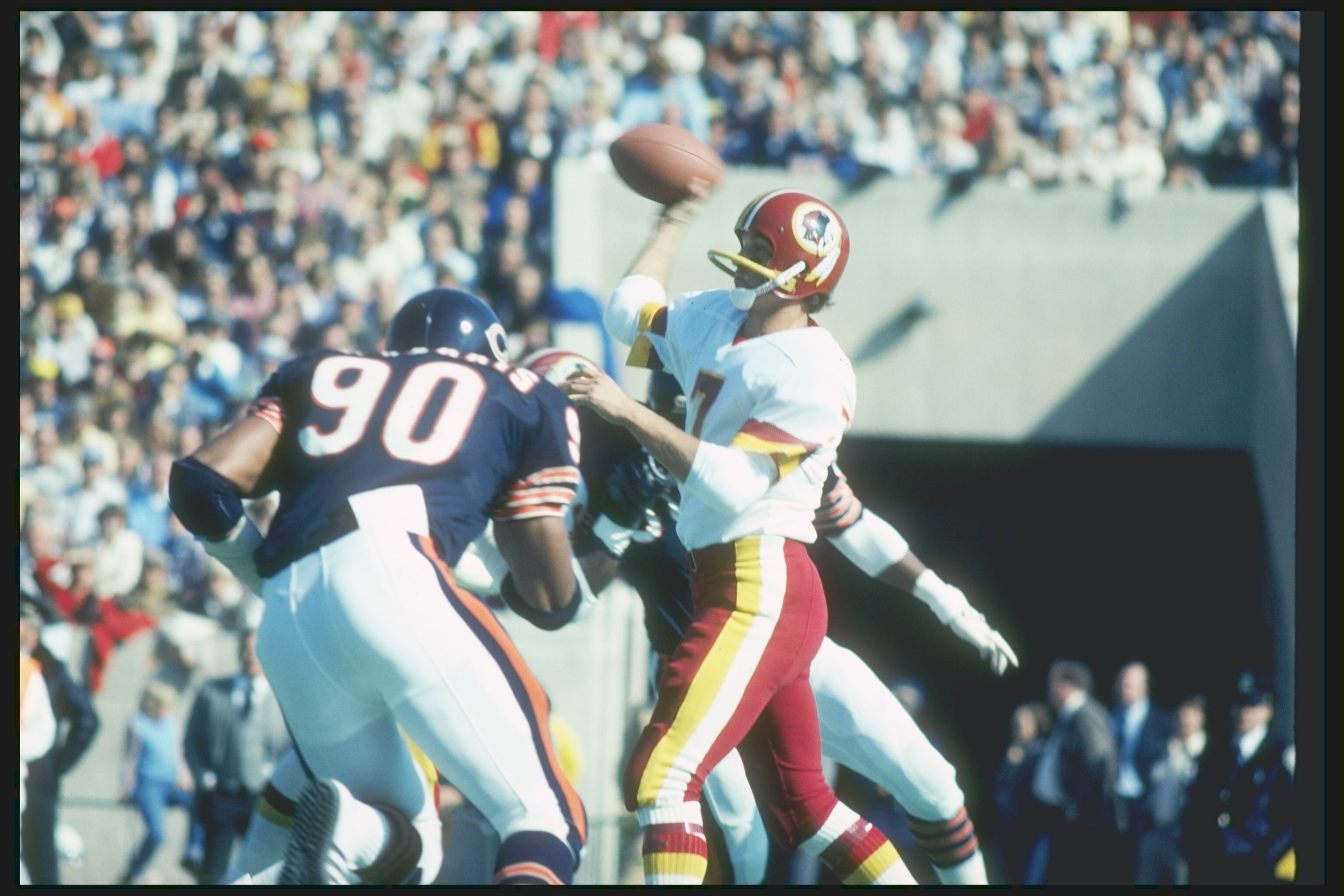 11 Oct 1991:  Washington Redskins quarterback Joe Theismann throws a pass during game against the Chicago Bears at Soldier Field in Chicago, Illinois.  The Redskins won the game 24-7. Mandatory Credit: Jonathan Daniel  /Allsport