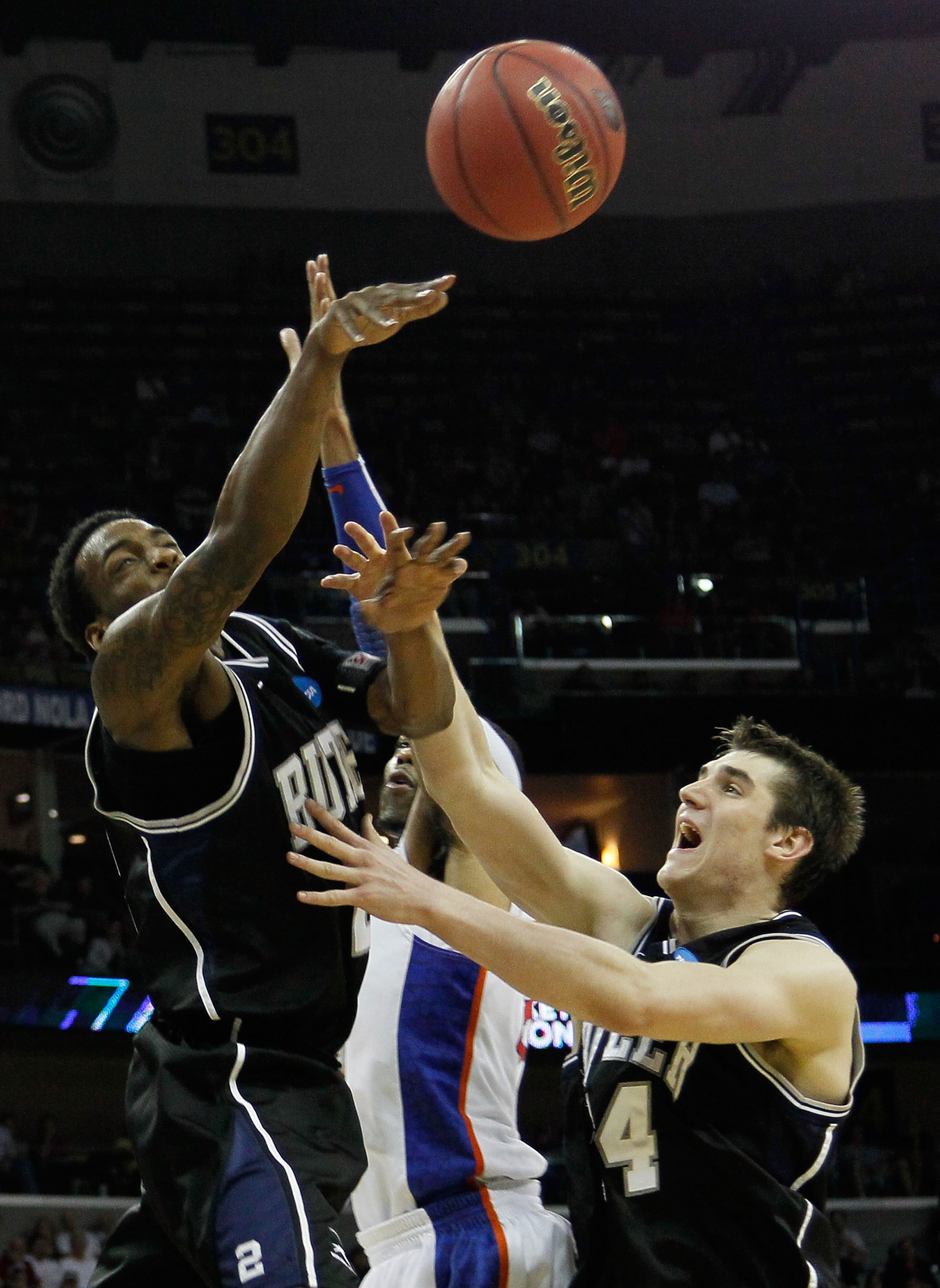 NEW ORLEANS, LA - MARCH 26:  Alex Tyus #23 of the Florida Gators has his shot blocked by Shawn Vanzant #2 and Matt Howard #54 of the Butler Bulldogs during the Southeast regional final of the 2011 NCAA men's basketball tournament at New Orleans Arena on M