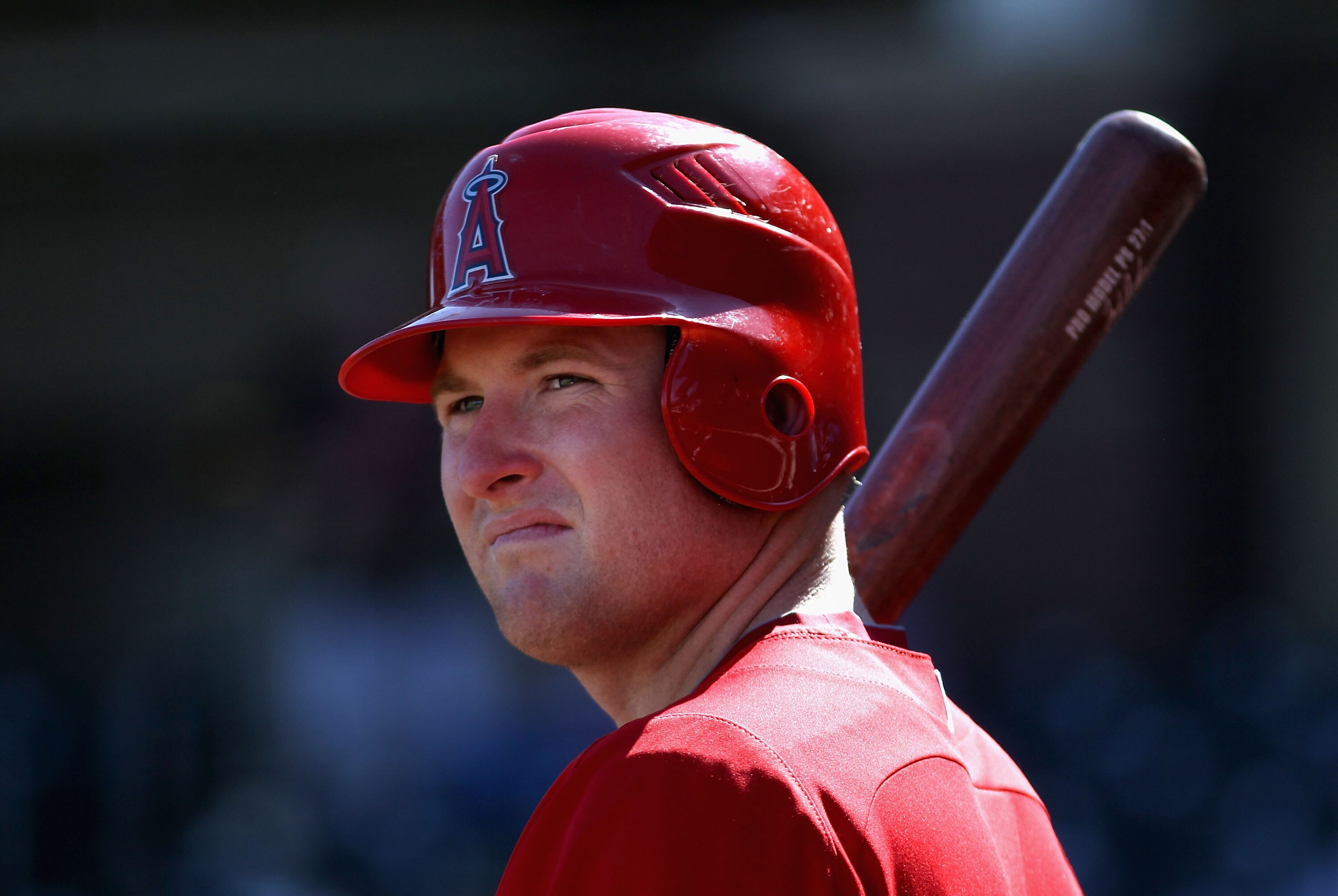 SURPRISE, AZ - MARCH 02:  Mark Trumbo #44 of the Los Angeles Angels of Anaheim waits on deck during the spring training game against the Texas Rangers at Surprise Stadium on March 2, 2011 in Surprise, Arizona.  (Photo by Christian Petersen/Getty Images)