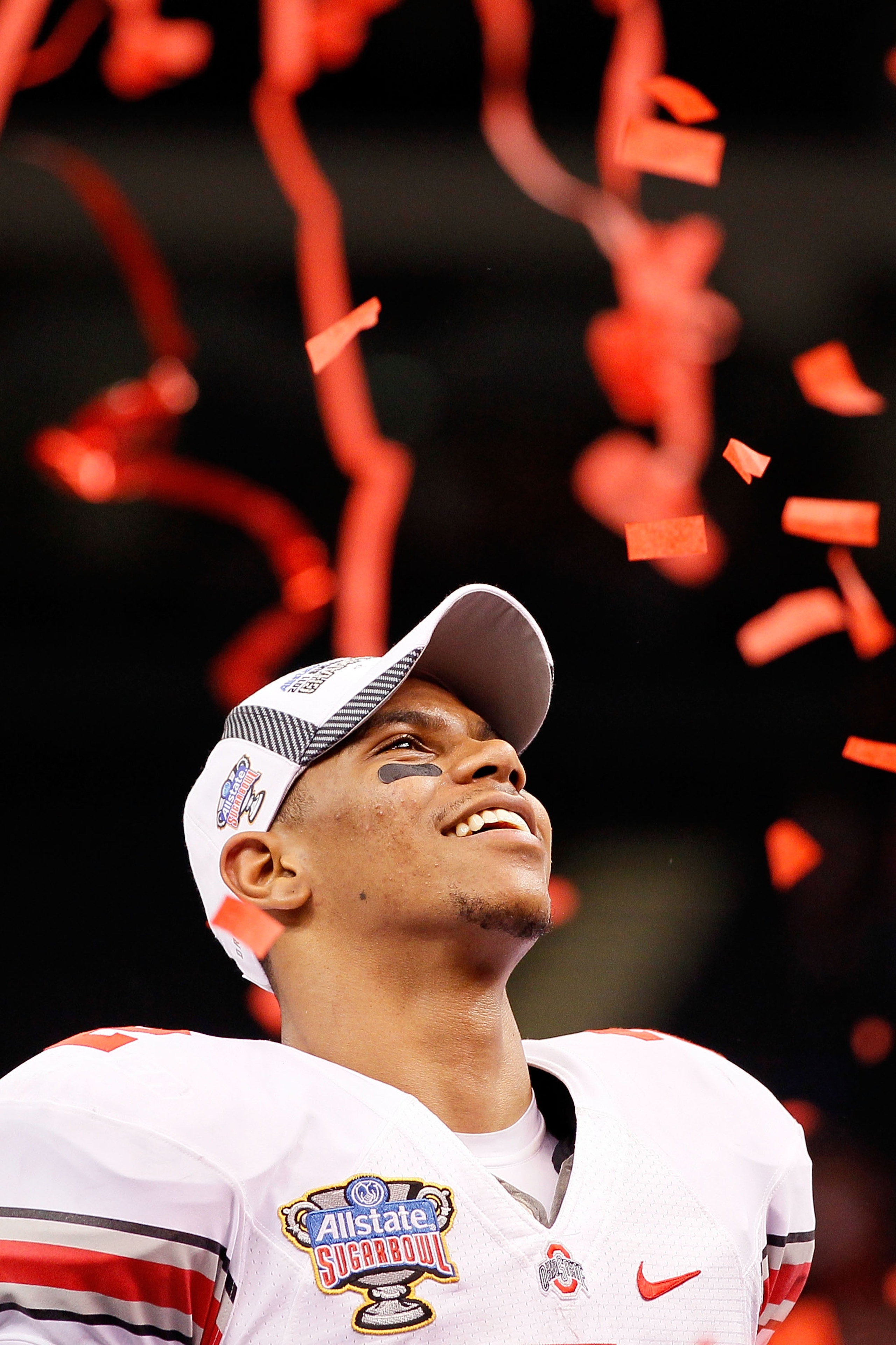 NEW ORLEANS, LA - JANUARY 04:  Terrelle Pryor #2 of the Ohio State Buckeyes celebrates the Buckeyes 31-26 victory against the Arkansas Razorbacks during the Allstate Sugar Bowl at the Louisiana Superdome on January 4, 2011 in New Orleans, Louisiana.  (Pho