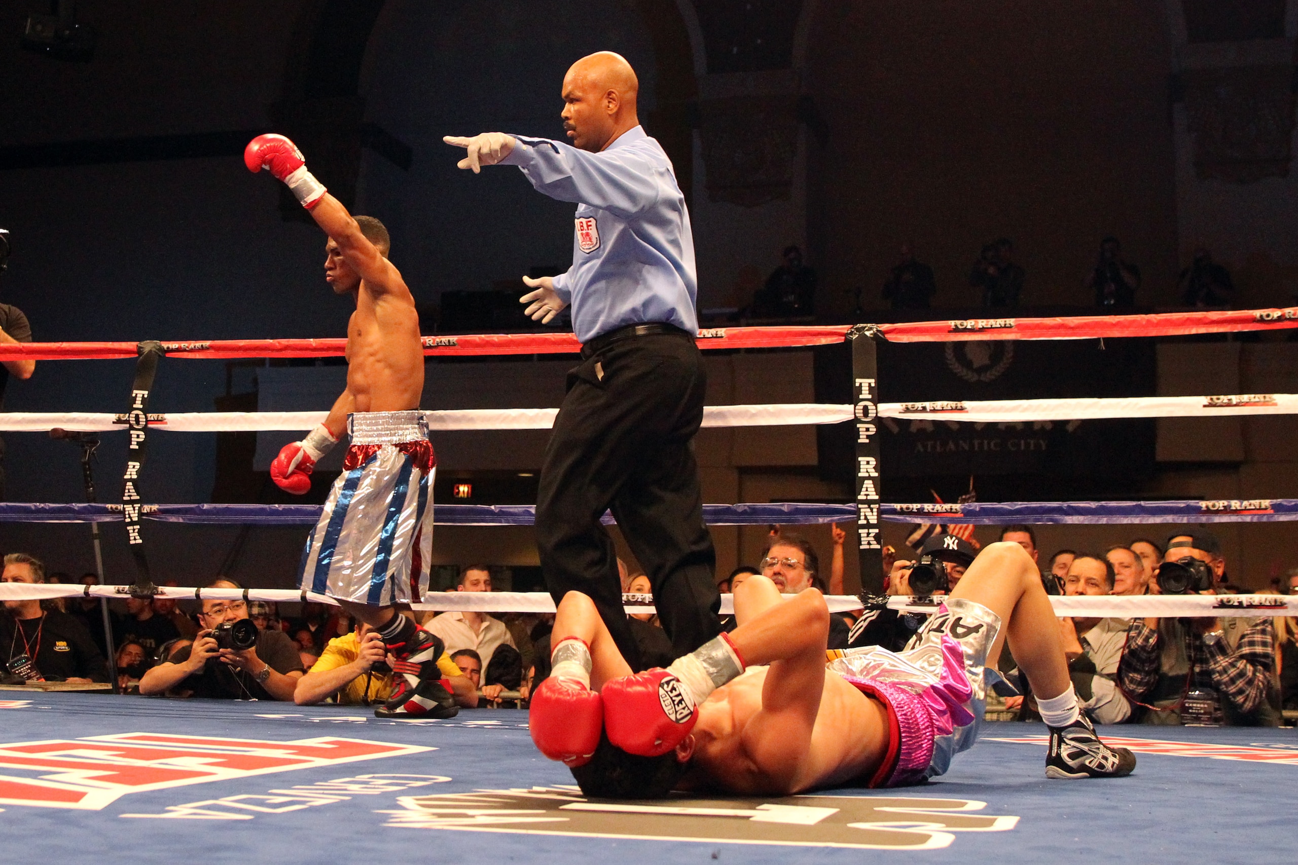 ATLANTIC CITY, NJ - MARCH 26: Featherweight Yuriorkis Gamboa celebrates after knocking down Jorge Solis of Mexico during the IBF WBA World Featherweight title bout during Top Rank's 'Featherweight Fury' on March 26, 2011 at Boardwalk Hall in Atlantic City